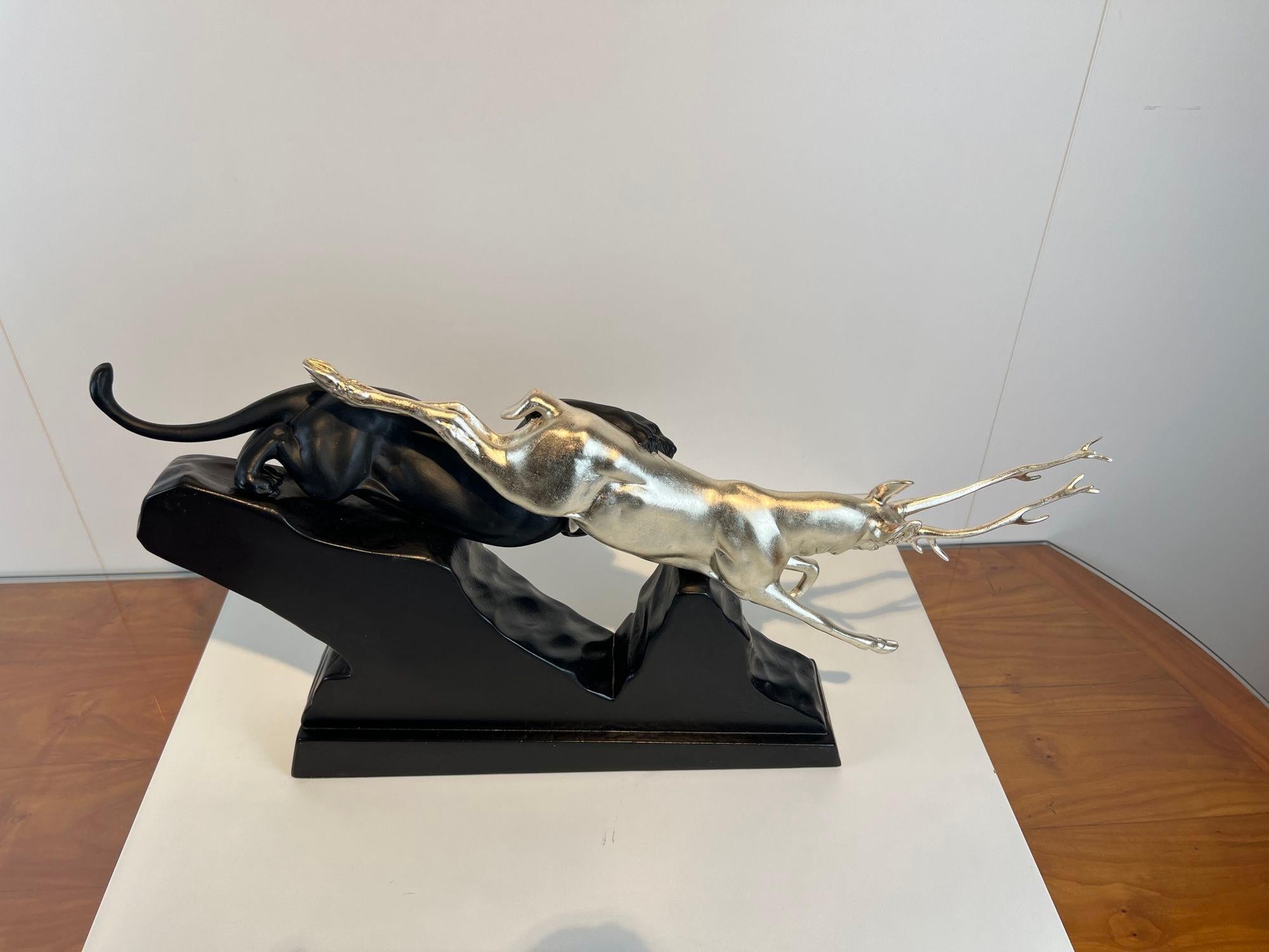 Art Deco Sculpture of a Deer and Panther by Rochard, White-Gold, France c. 1930 For Sale 10