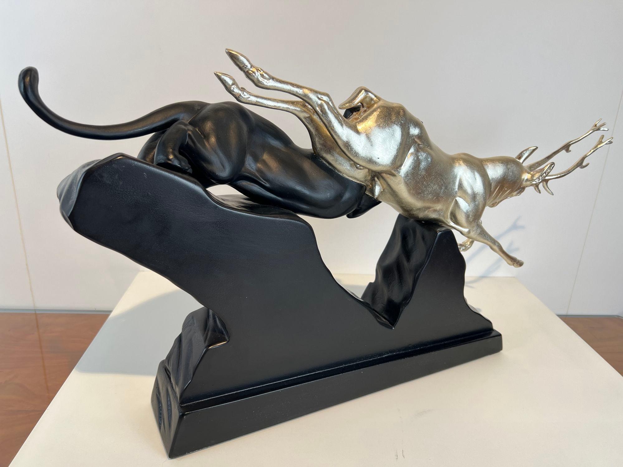 Art Deco Sculpture of a Deer and Panther by Rochard, White-Gold, France c. 1930 For Sale 11
