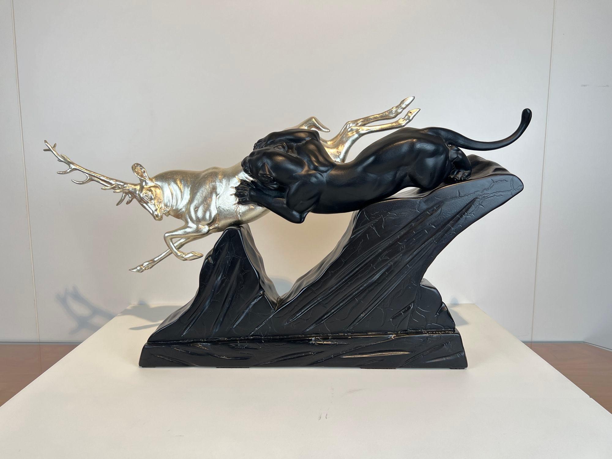 French Art Deco Sculpture of a Deer and Panther by Rochard, White-Gold, France c. 1930 For Sale