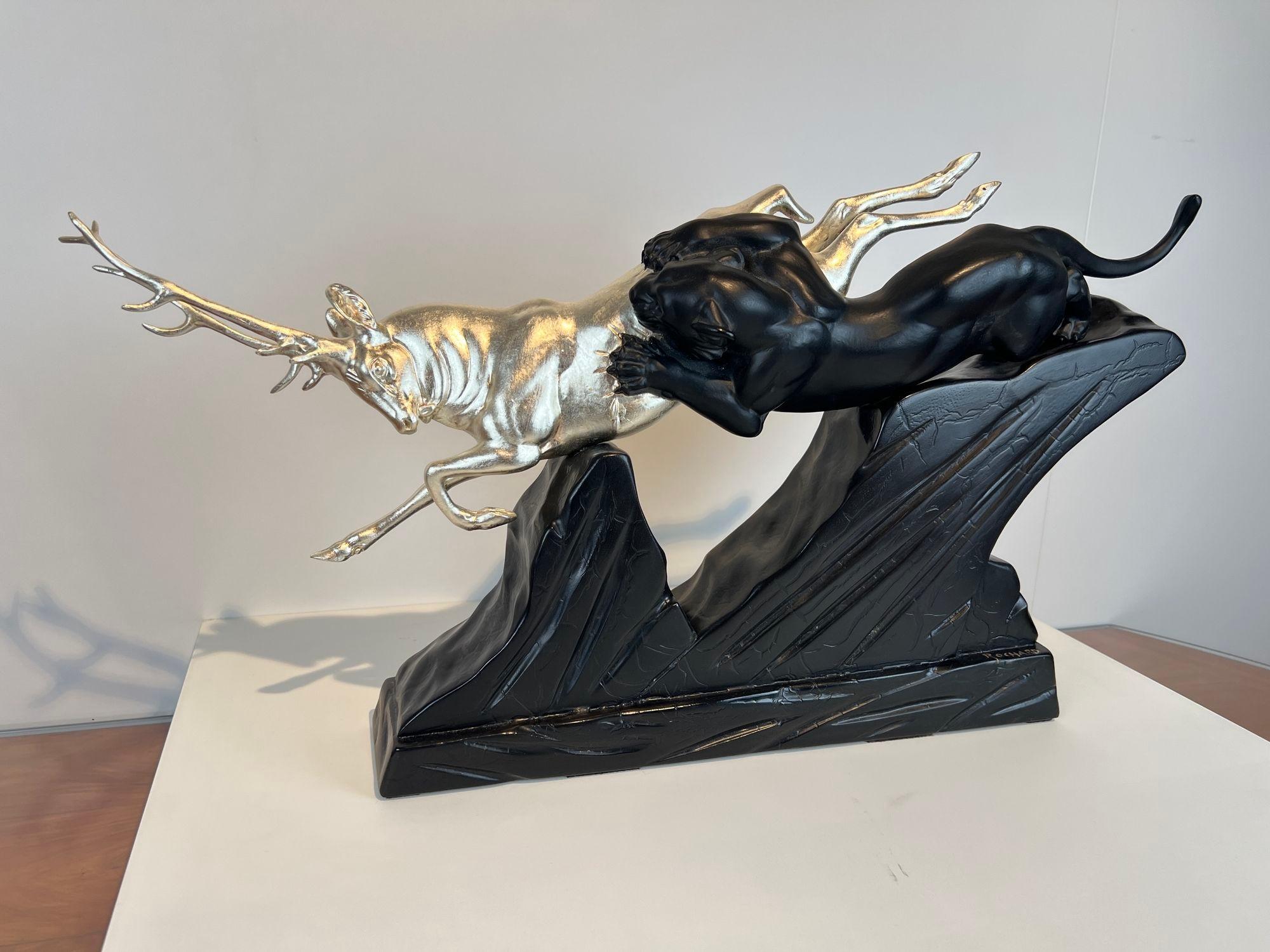 Mid-20th Century Art Deco Sculpture of a Deer and Panther by Rochard, White-Gold, France c. 1930 For Sale