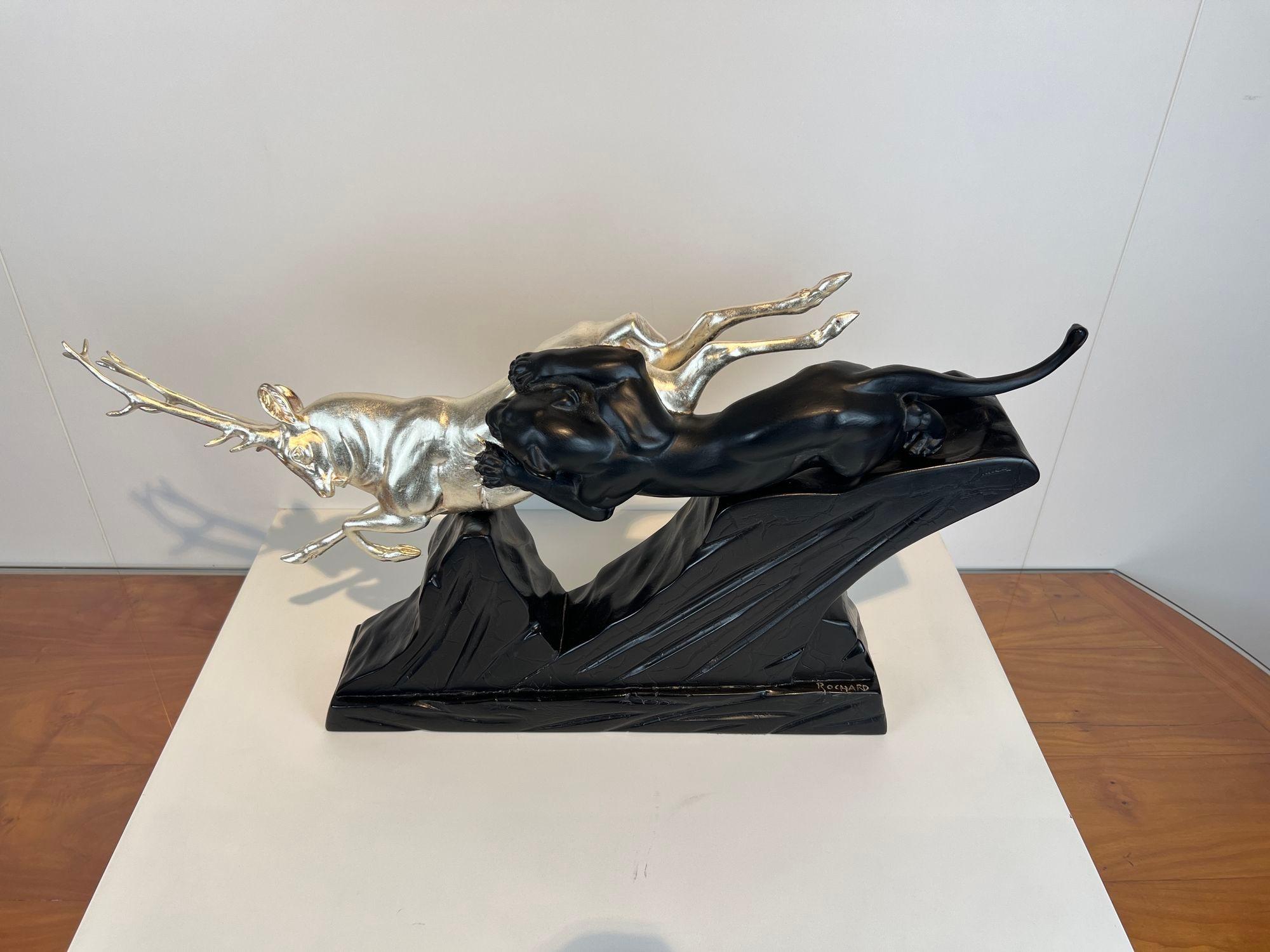 Spelter Art Deco Sculpture of a Deer and Panther by Rochard, White-Gold, France c. 1930 For Sale
