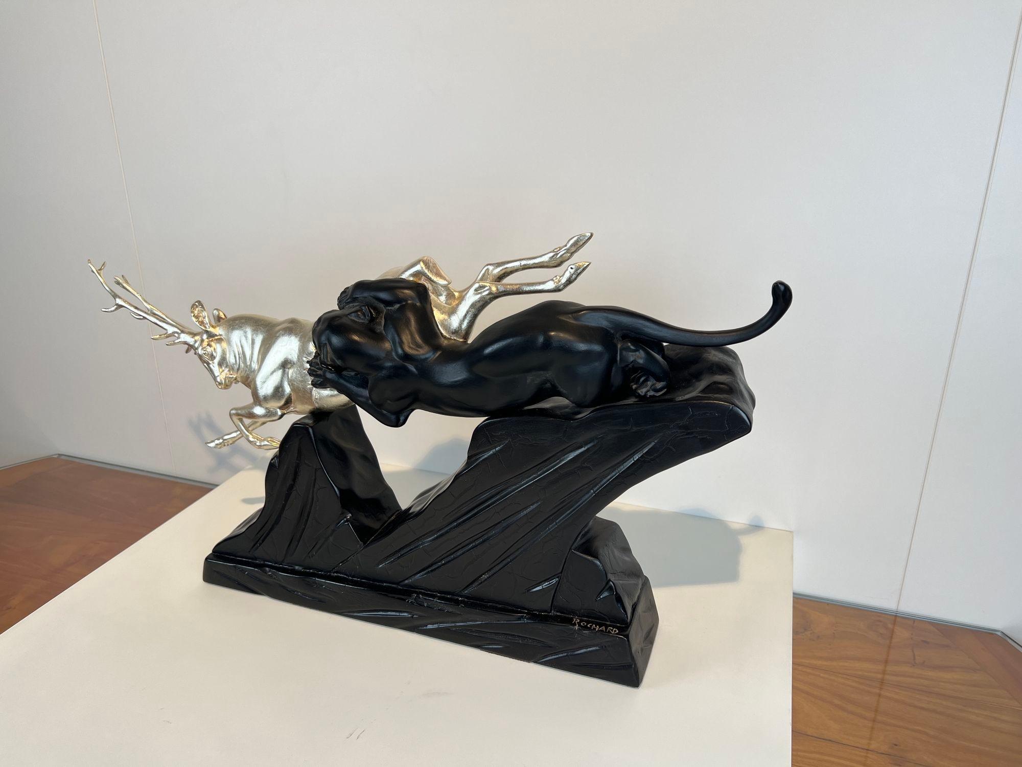 Art Deco Sculpture of a Deer and Panther by Rochard, White-Gold, France c. 1930 For Sale 1