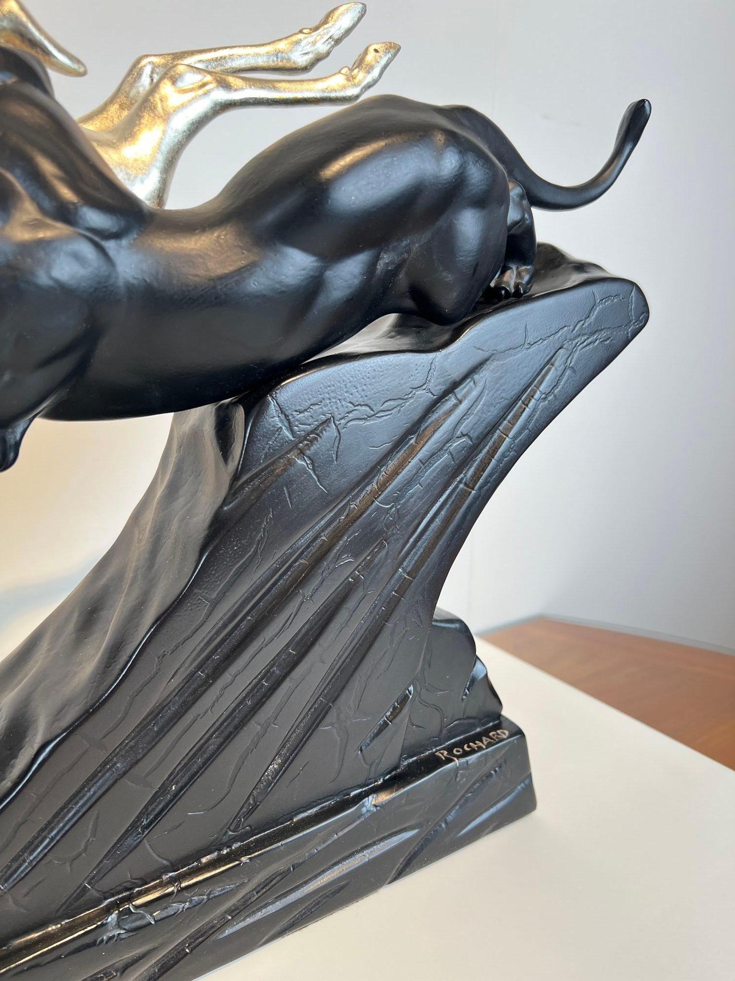 Art Deco Sculpture of a Deer and Panther by Rochard, White-Gold, France c. 1930 For Sale 2