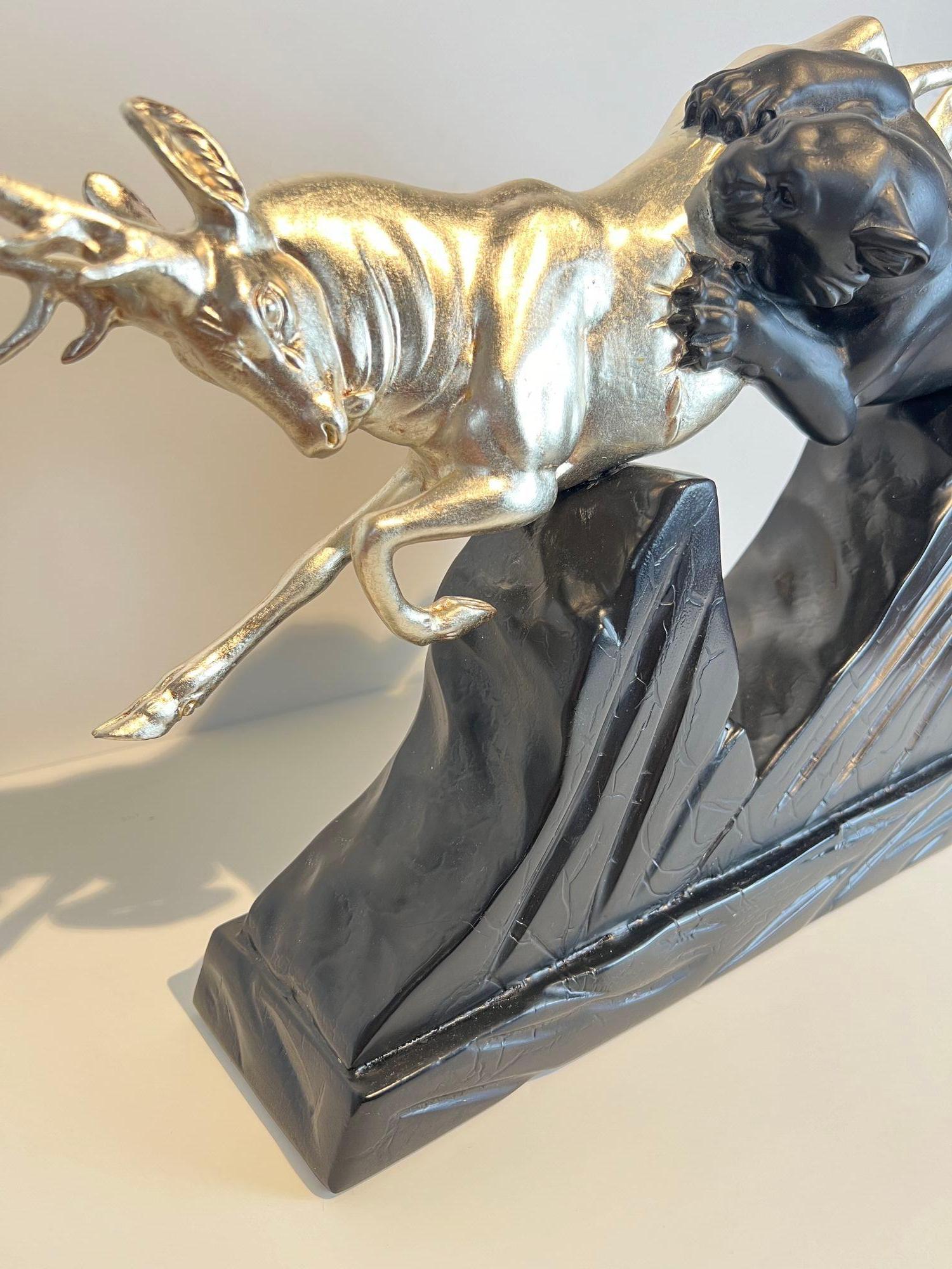 Art Deco Sculpture of a Deer and Panther by Rochard, White-Gold, France c. 1930 For Sale 3
