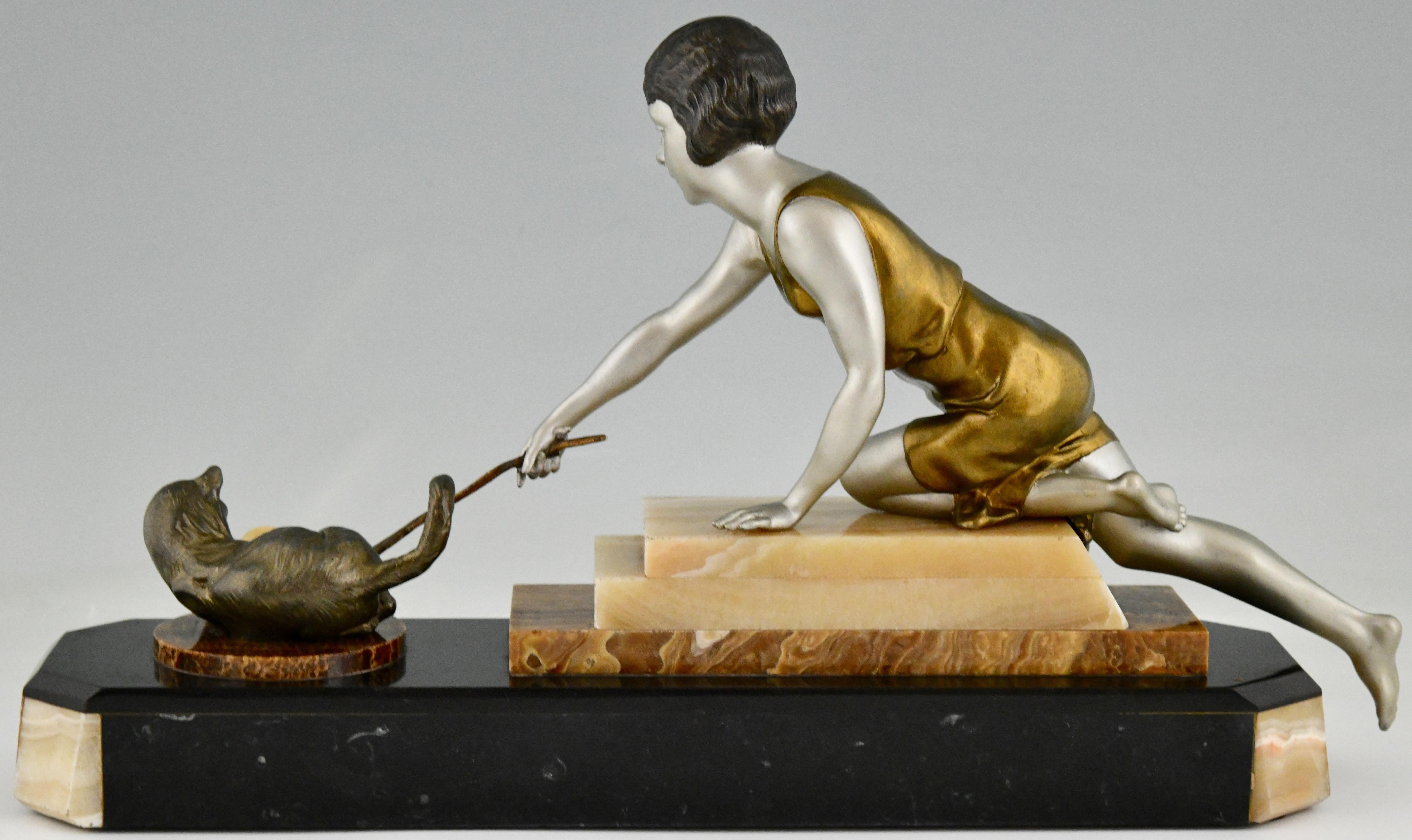 Patinated Art Deco Sculpture of a Girl Playing with a Cat by Uriano France 1930 For Sale