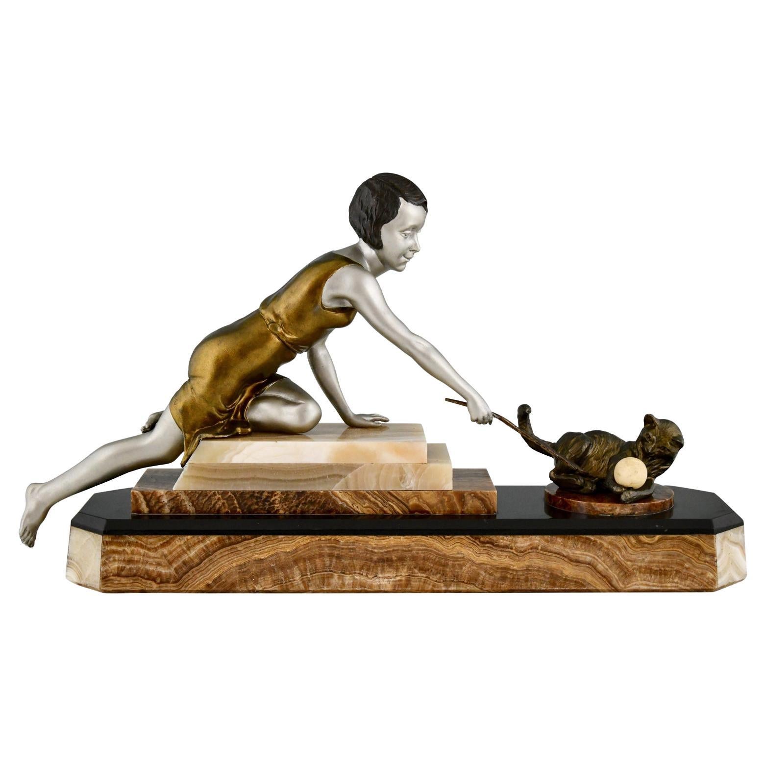 Art Deco Sculpture of a Girl Playing with a Cat by Uriano France 1930 For Sale