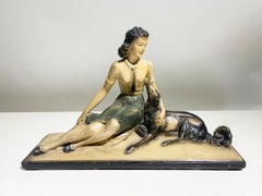 Art Deco Sculpture of a Lady with Borzoi by S. Boni, France, Circa 1930s
