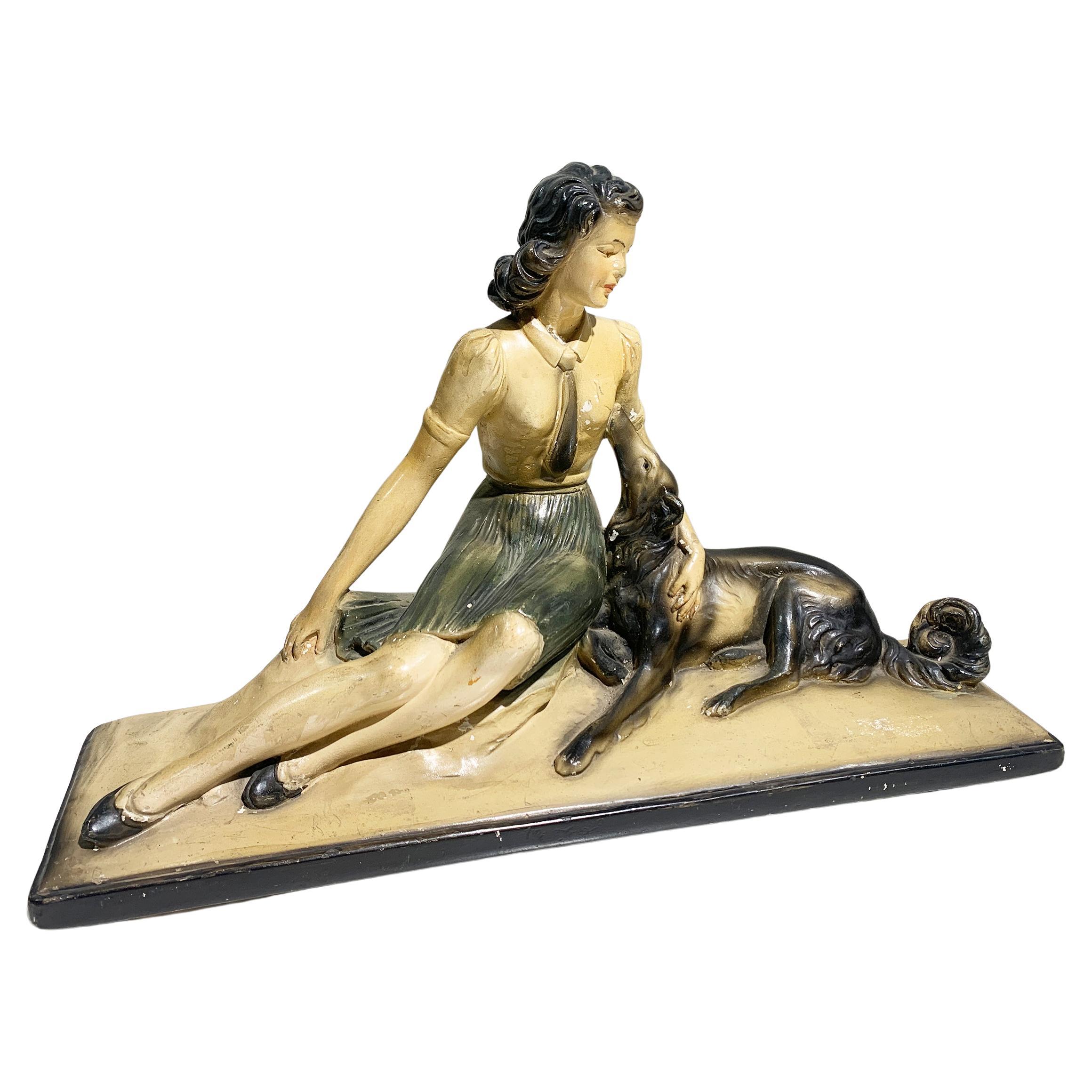 Art Deco Sculpture of a Lady with Borzoi by S. Boni, France, Circa 1930s