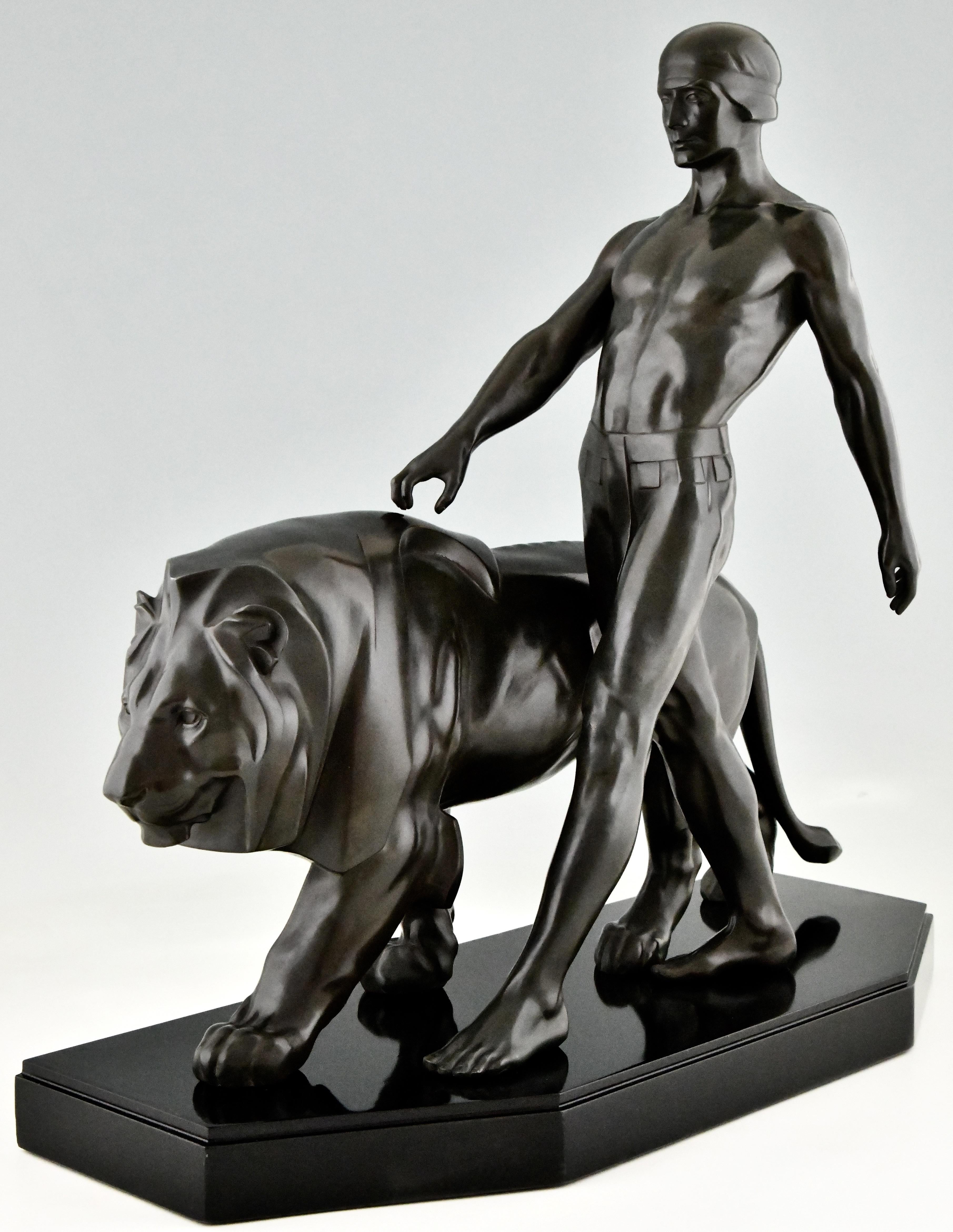 French Art Deco Sculpture of a Male Nude Walking with Lion Belluaire Max Le Verrier 192