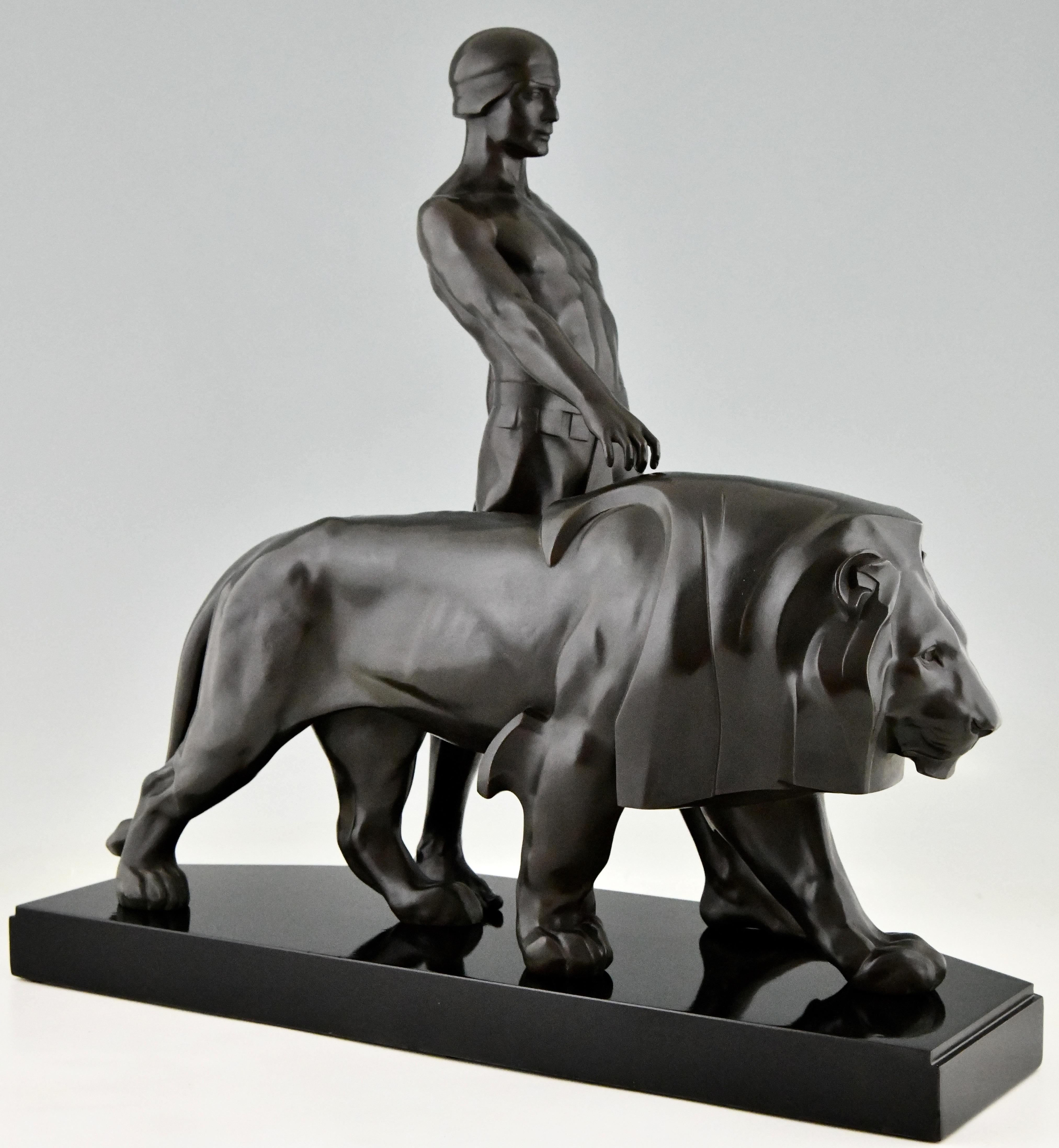 Early 20th Century Art Deco Sculpture of a Male Nude Walking with Lion Belluaire Max Le Verrier 192