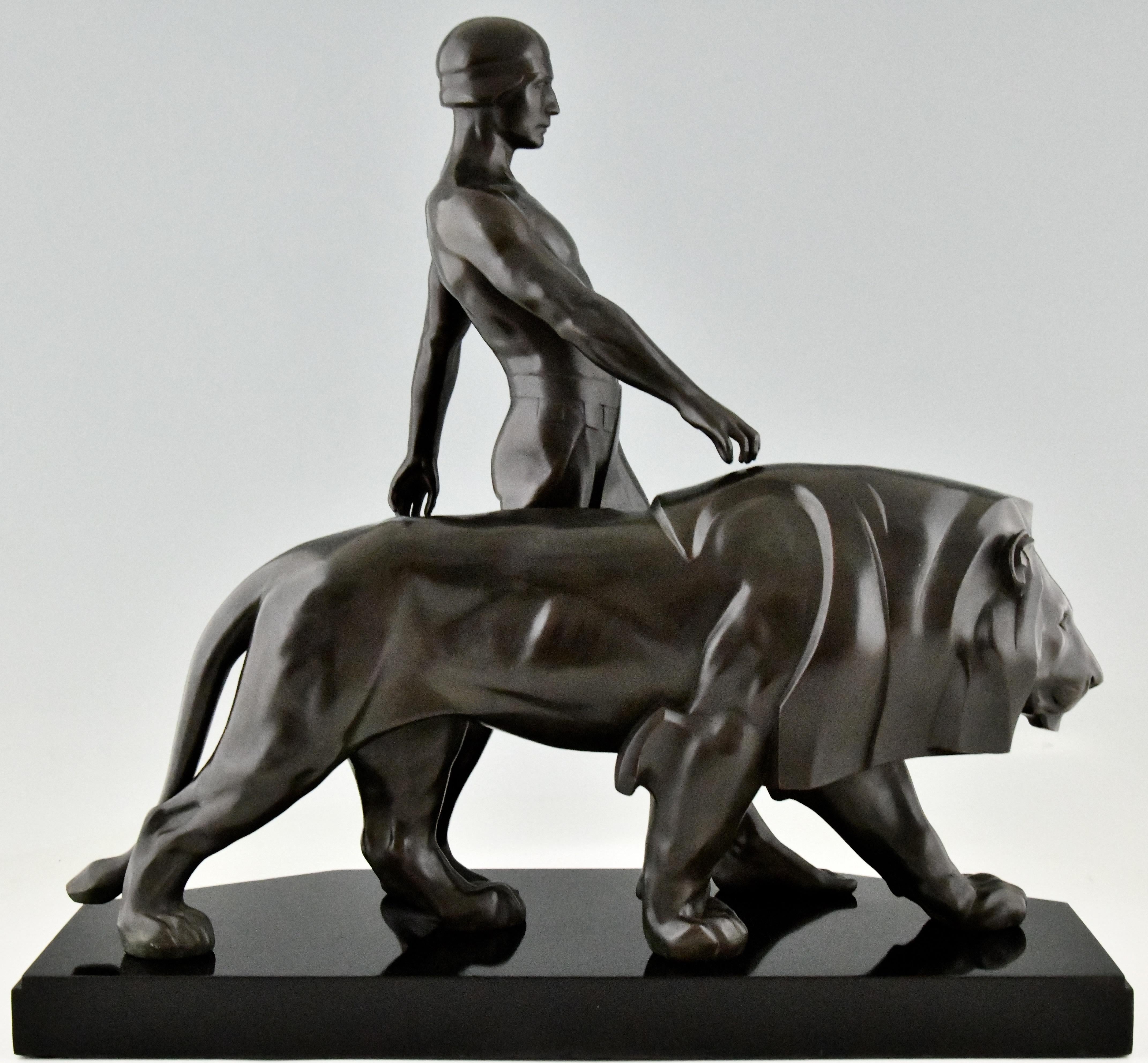 Metal Art Deco Sculpture of a Male Nude Walking with Lion Belluaire Max Le Verrier 192