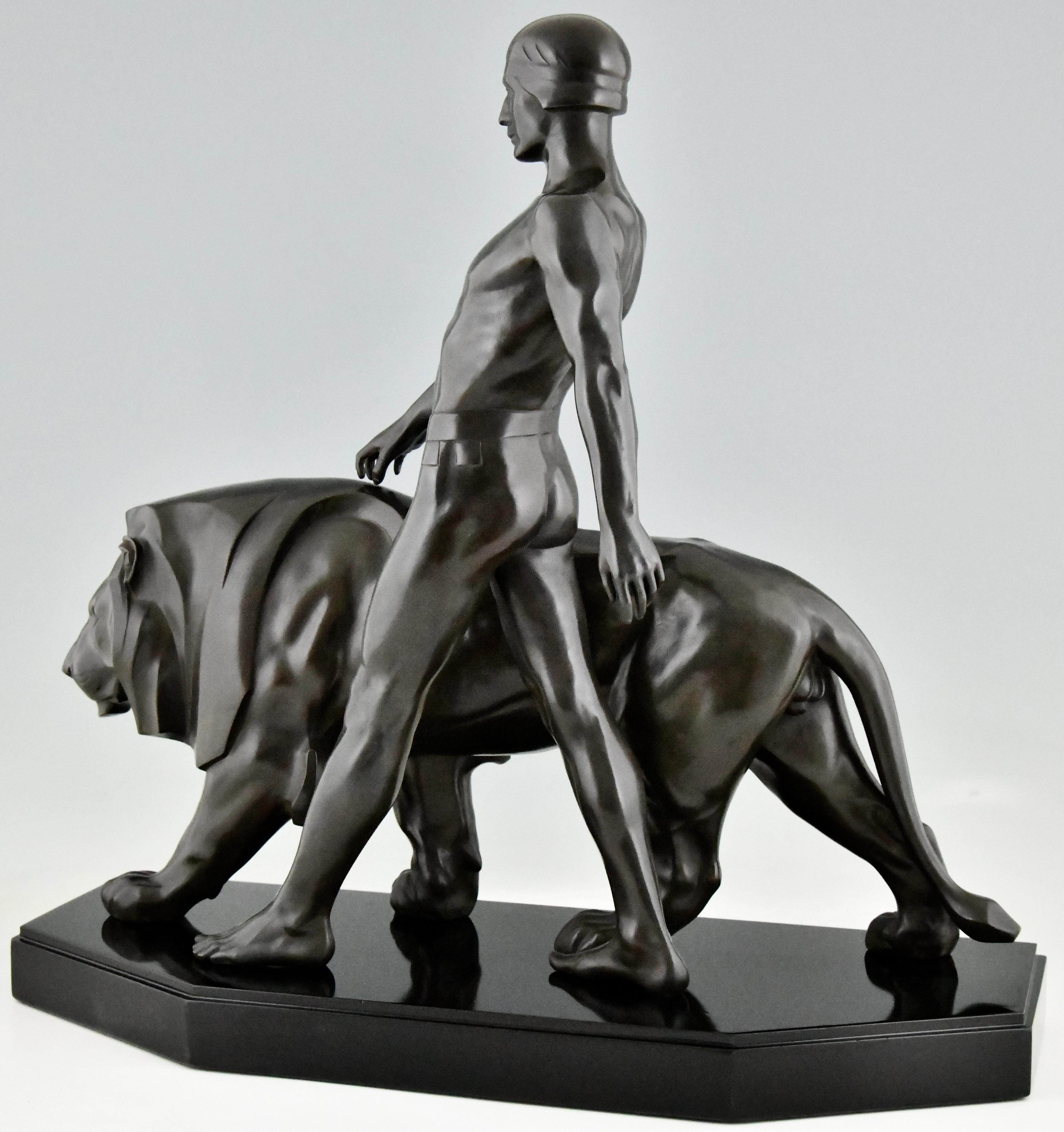 Art Deco Sculpture of a Male Nude Walking with Lion Belluaire Max Le Verrier 192 2