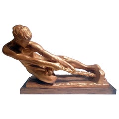 Art Deco Sculpture of a Male Pulling a Rope signed “Alexandre Kelety"