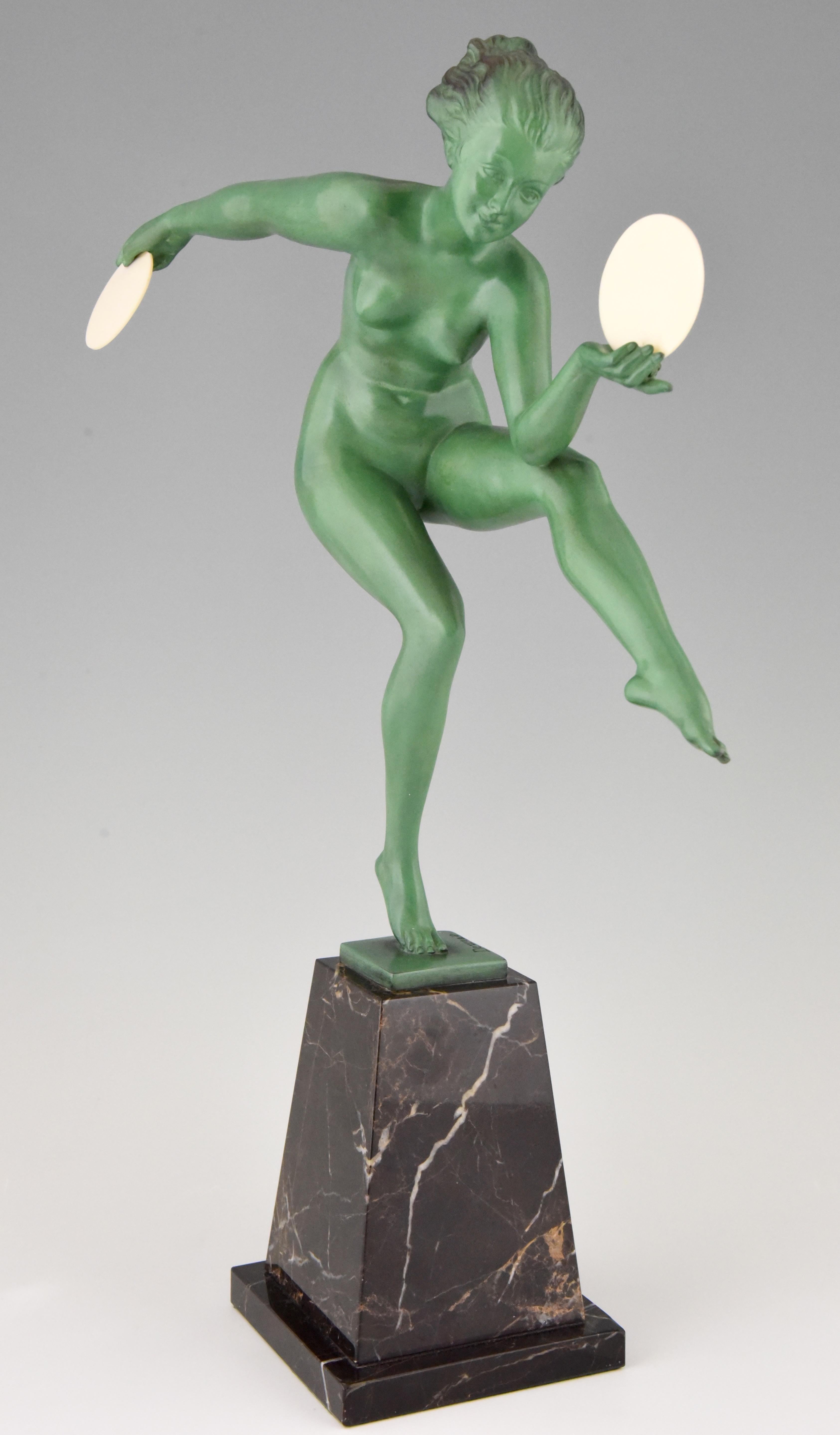 French Art Deco Sculpture of a Nude Disc Dancer Derenne, Marcel Bouraine