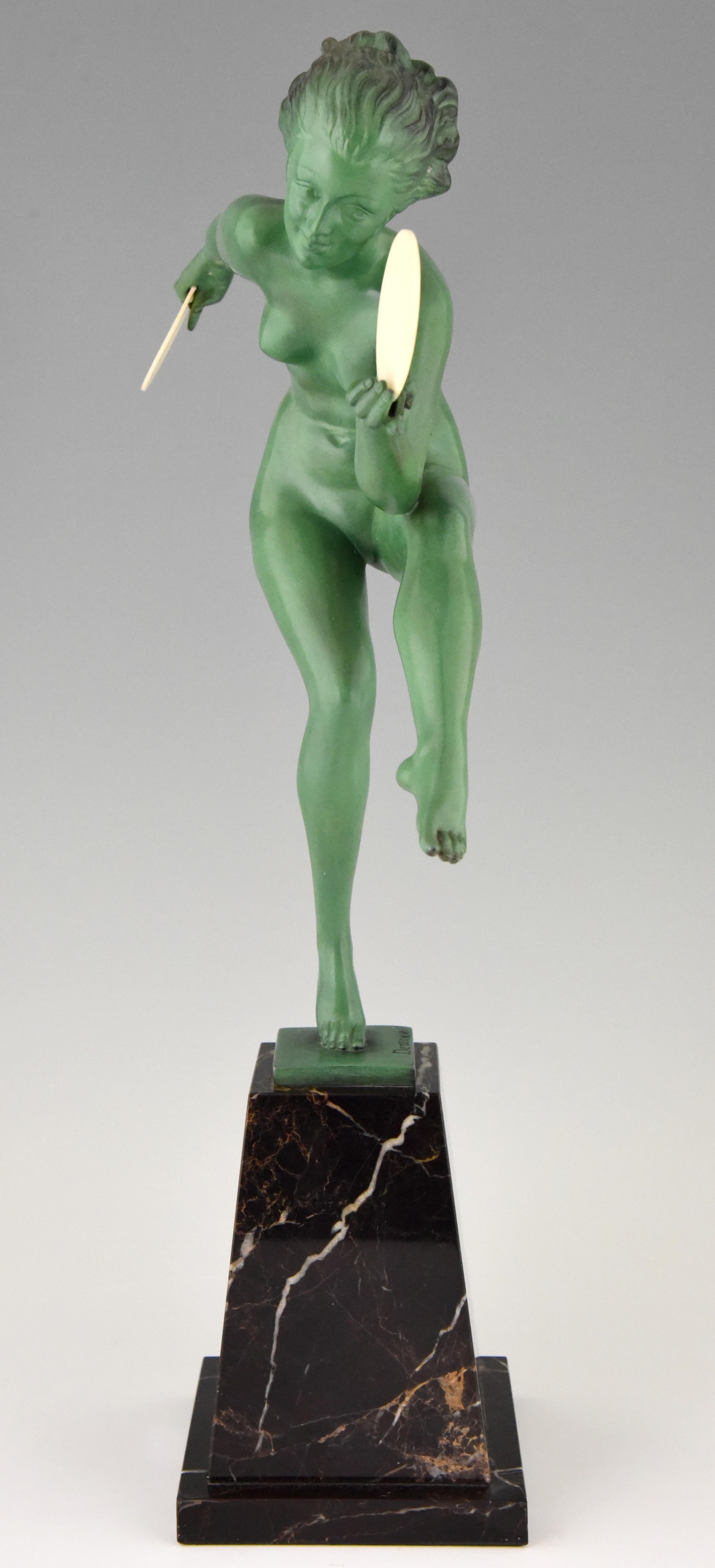 Patinated Art Deco Sculpture of a Nude Disc Dancer Derenne, Marcel Bouraine