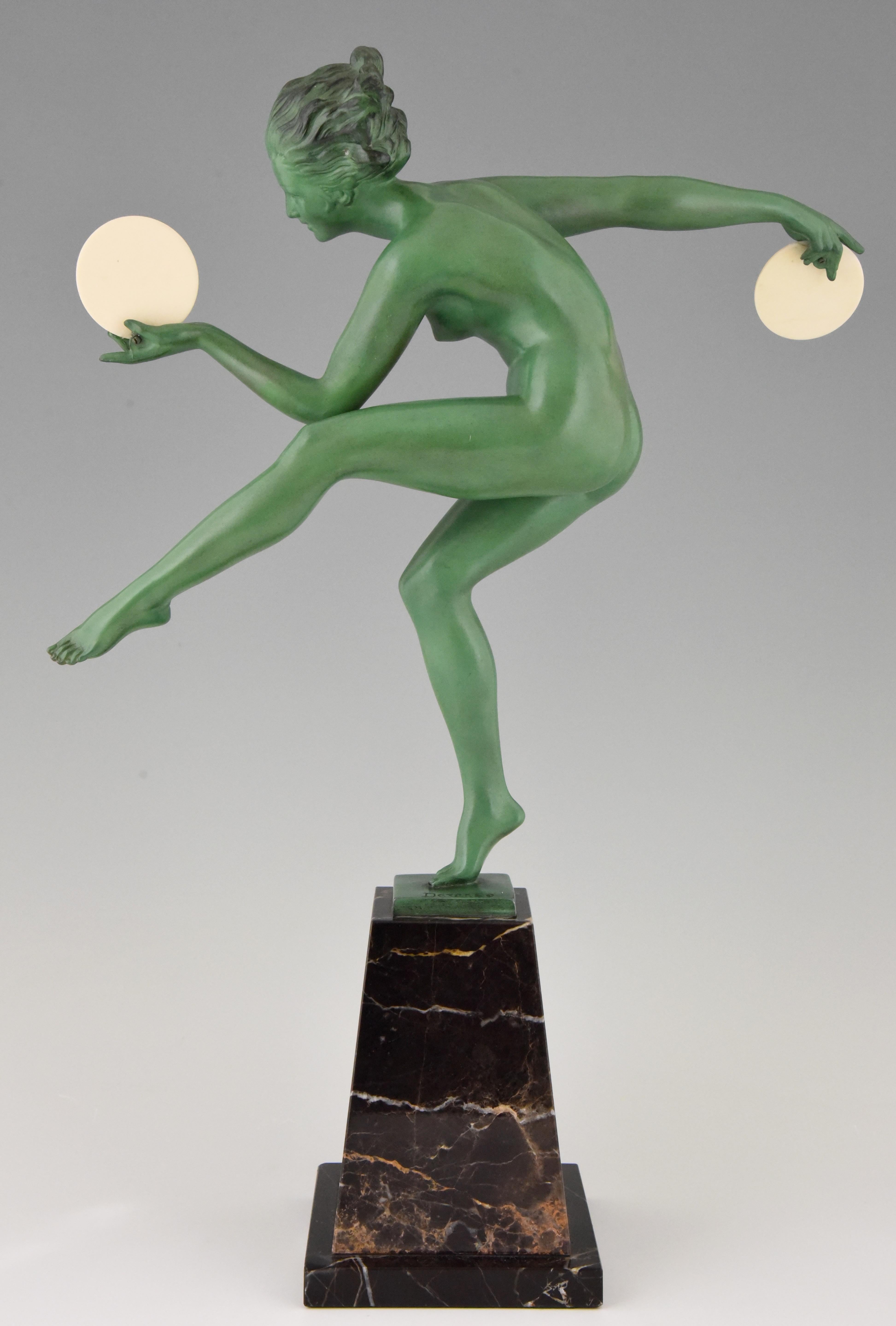 Mid-20th Century Art Deco Sculpture of a Nude Disc Dancer Derenne, Marcel Bouraine