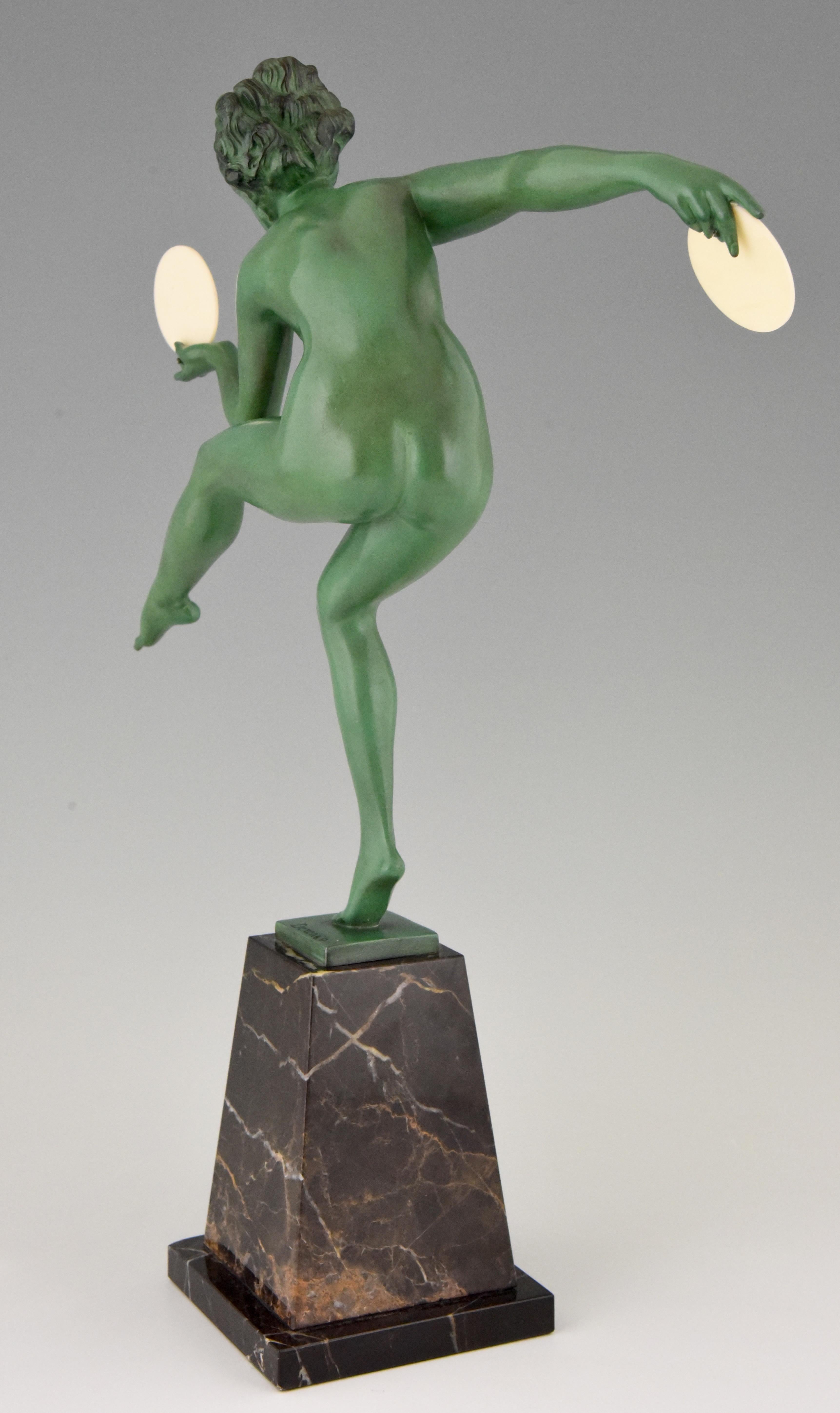 Metal Art Deco Sculpture of a Nude Disc Dancer Derenne, Marcel Bouraine
