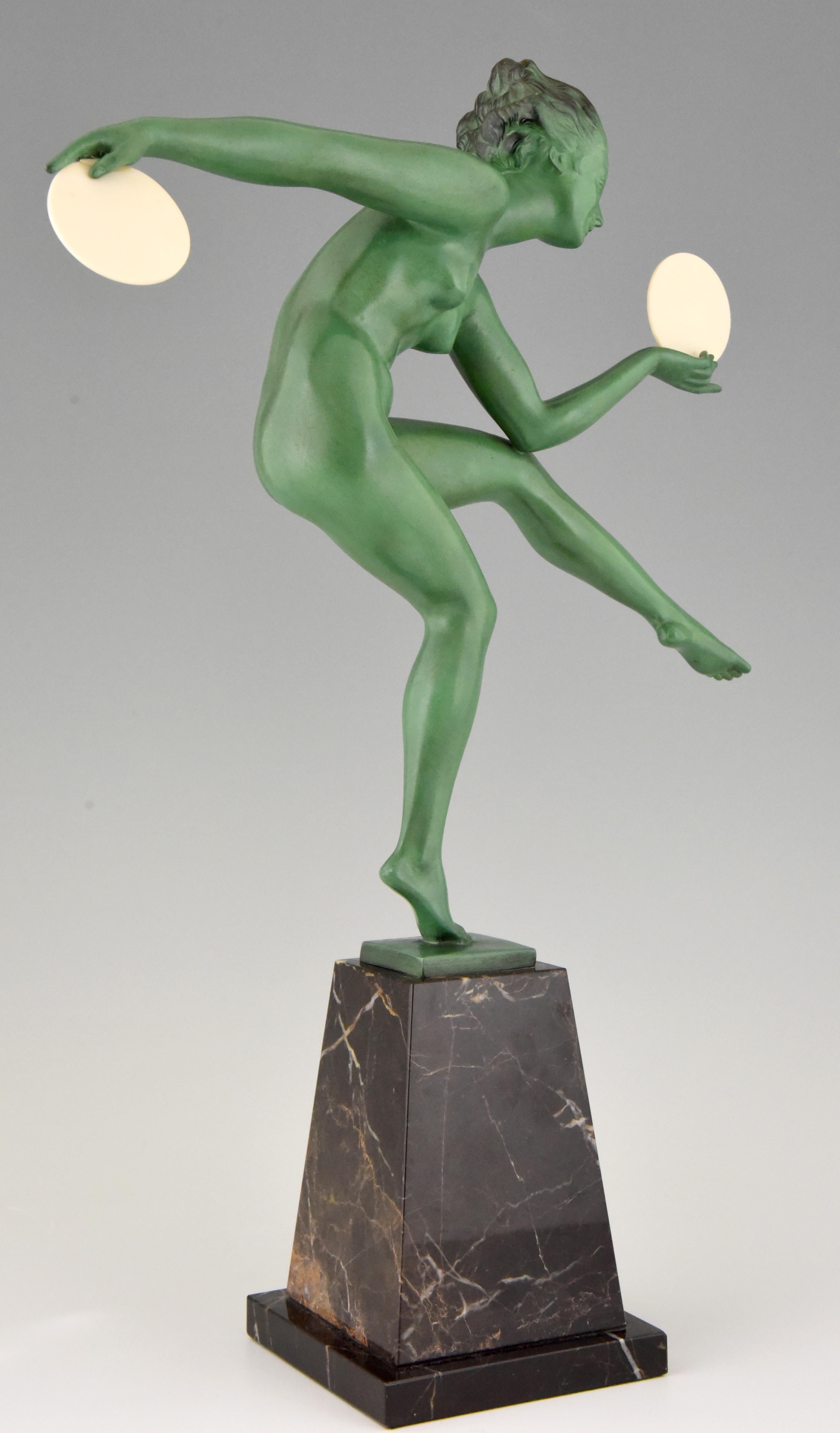 Art Deco Sculpture of a Nude Disc Dancer Derenne, Marcel Bouraine 1