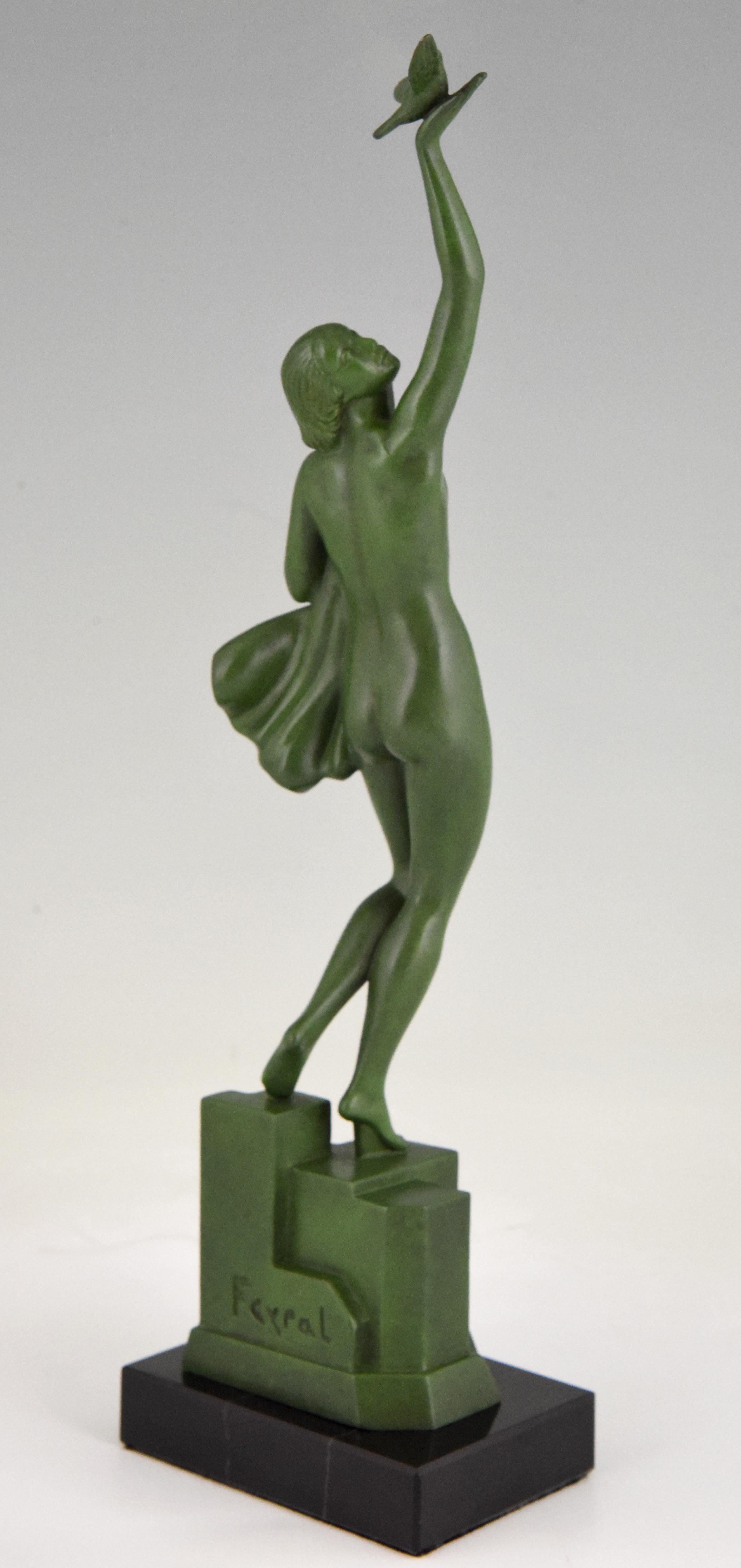 French Art Deco Sculpture of a Nude with Dove Fayral Pierre Le Faguays, France, 1930