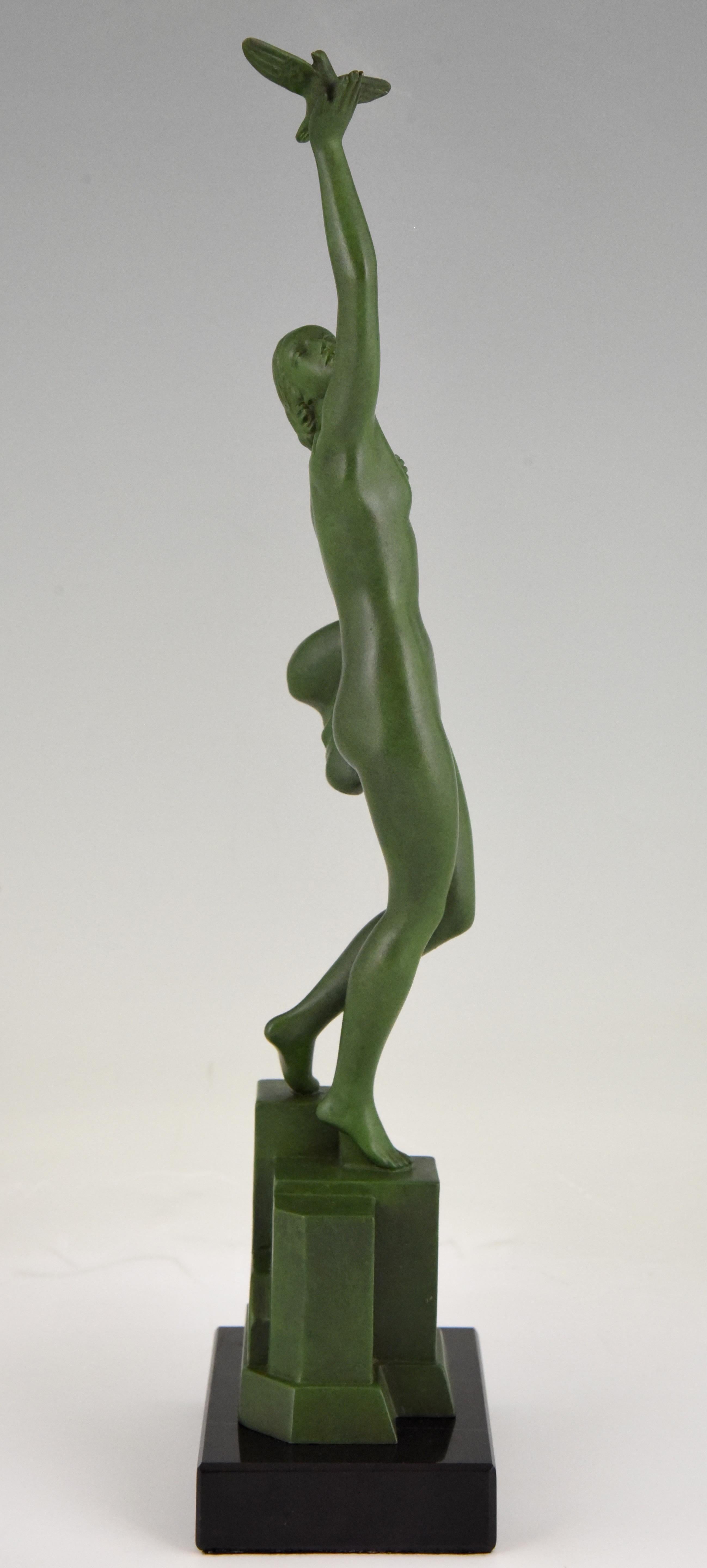 Patinated Art Deco Sculpture of a Nude with Dove Fayral Pierre Le Faguays, France, 1930