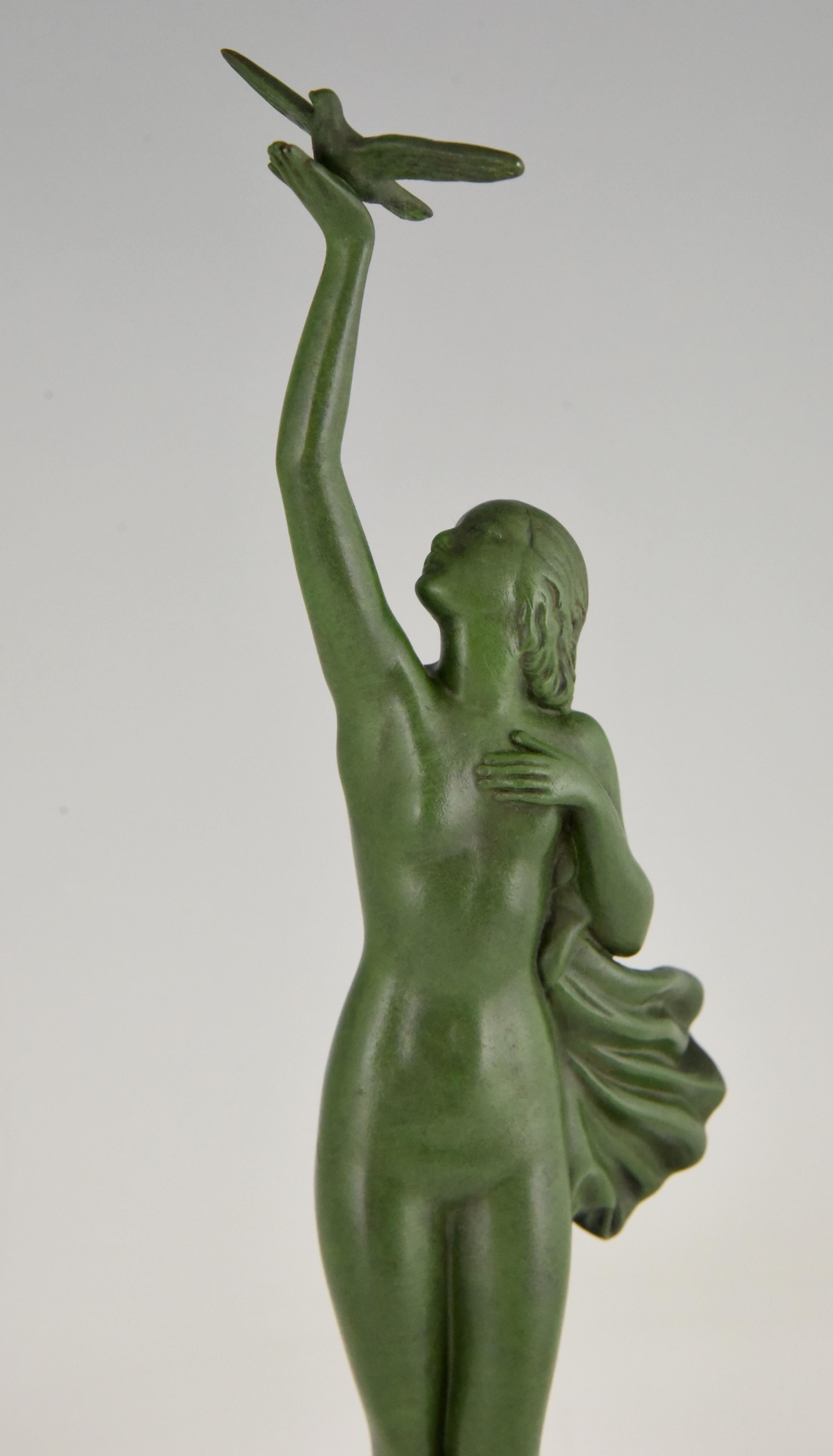 20th Century Art Deco Sculpture of a Nude with Dove Fayral Pierre Le Faguays, France, 1930