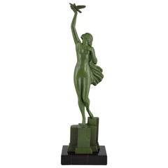 Art Deco Sculpture of a Nude with Dove Fayral Pierre Le Faguays, France, 1930