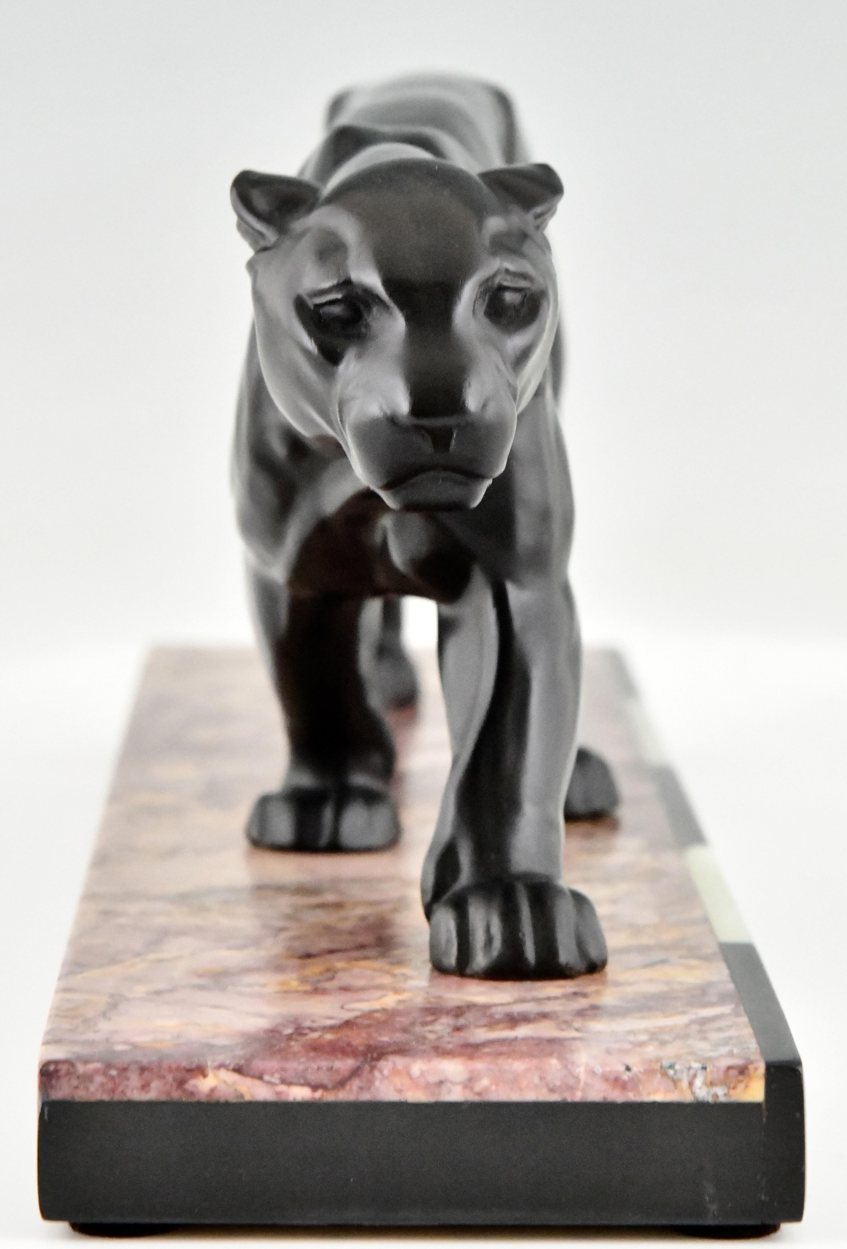 Patinated Art Deco Sculpture of a Panther by Alexandre Ouline on Marble Base, France, 1930