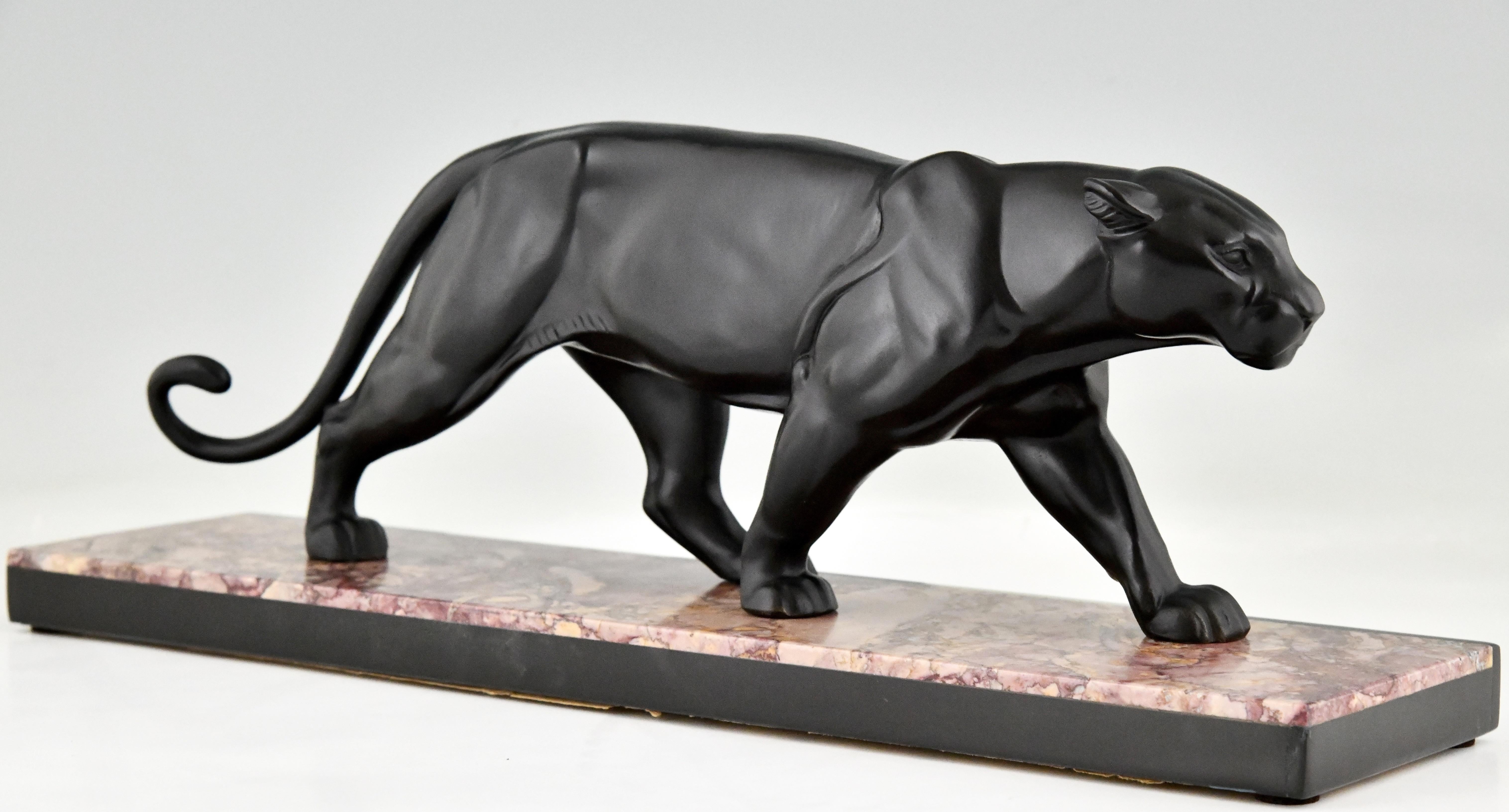 Art Deco Sculpture of a Panther by Alexandre Ouline on Marble Base, France, 1930 In Good Condition In Antwerp, BE