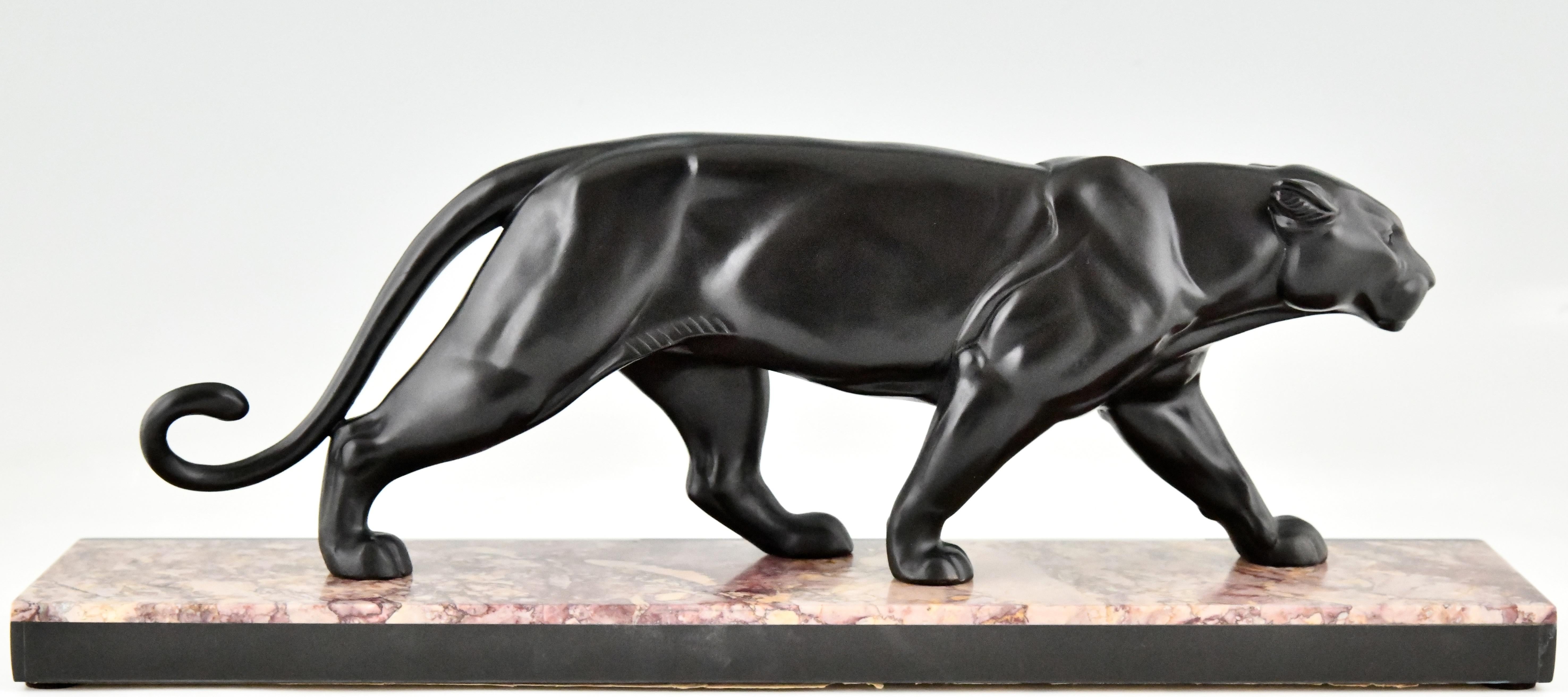 Mid-20th Century Art Deco Sculpture of a Panther by Alexandre Ouline on Marble Base, France, 1930