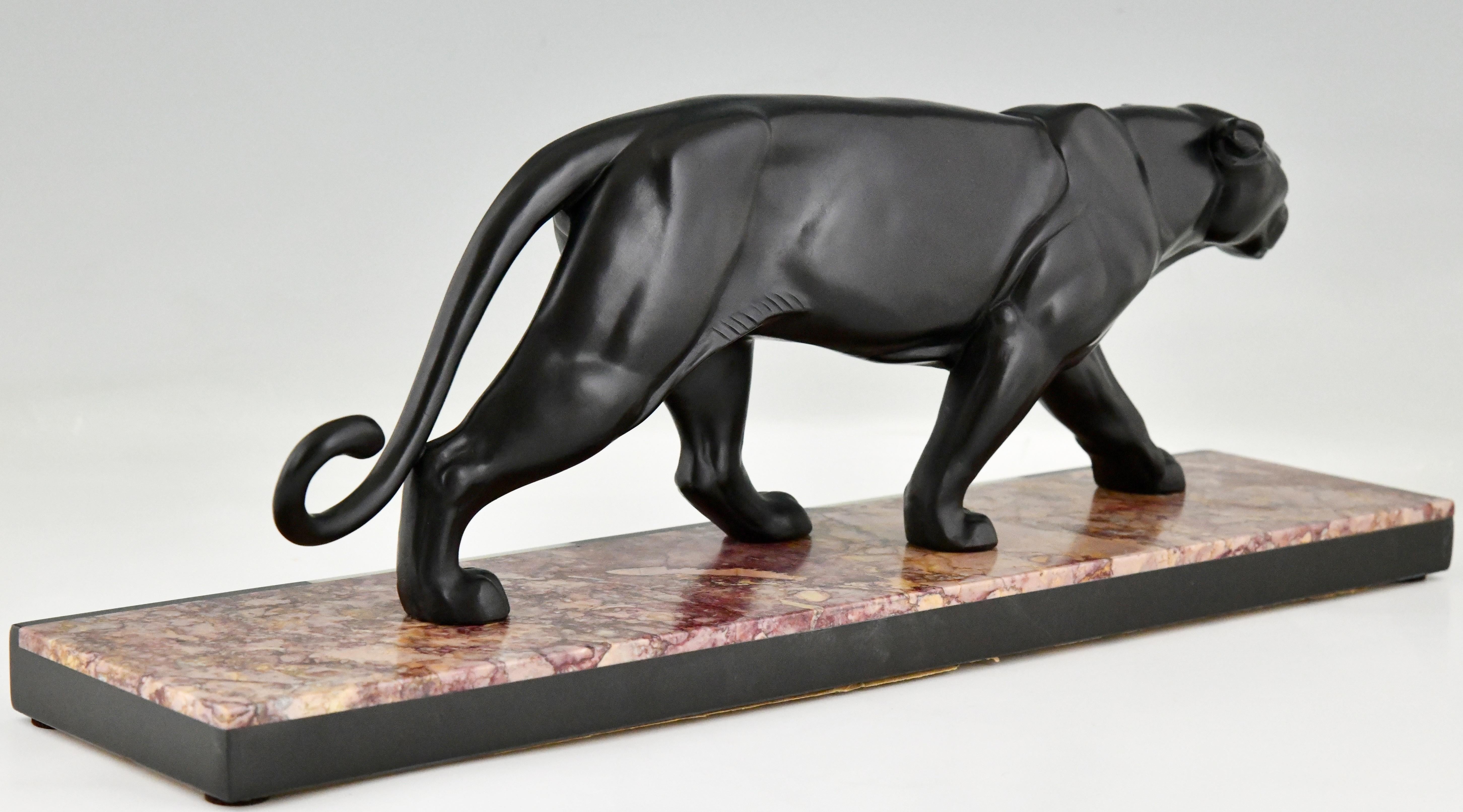Metal Art Deco Sculpture of a Panther by Alexandre Ouline on Marble Base, France, 1930