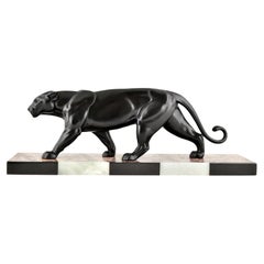Art Deco Sculpture of a Panther by Alexandre Ouline on Marble Base, France, 1930