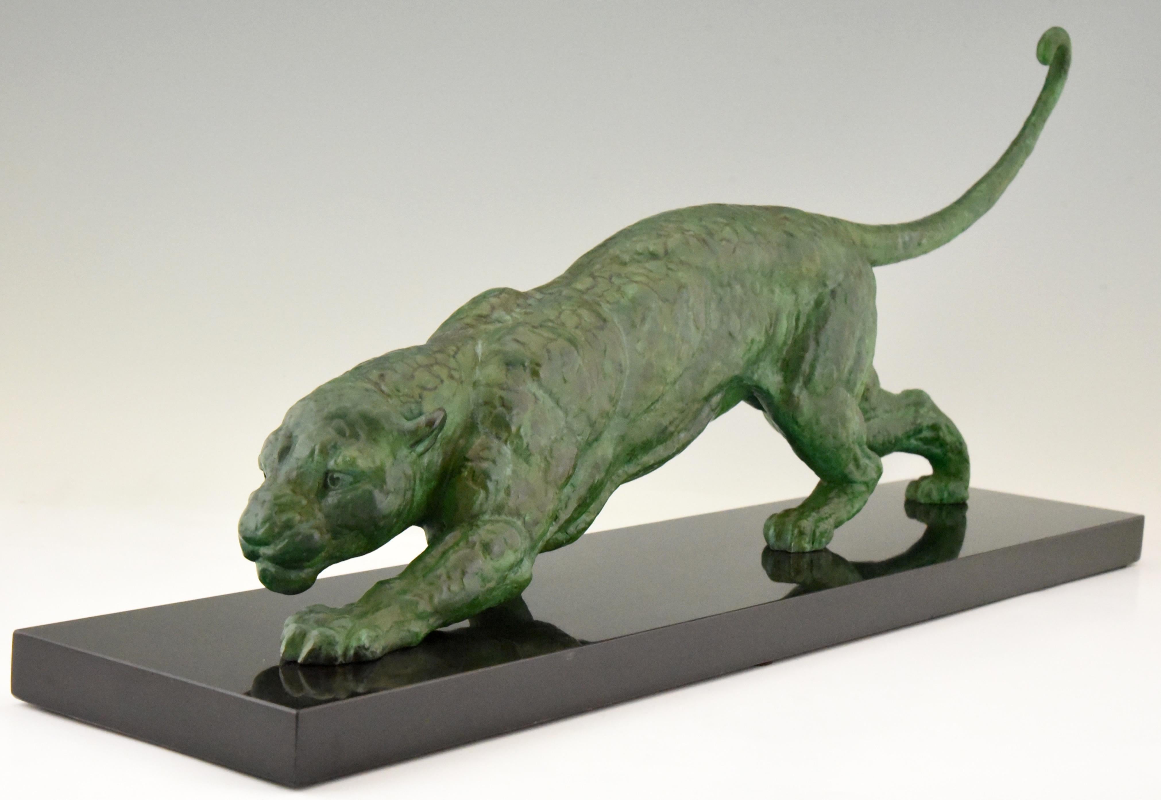 French Art Deco Sculpture of Panther by Demetre Chiparus on Marble Base France 1930