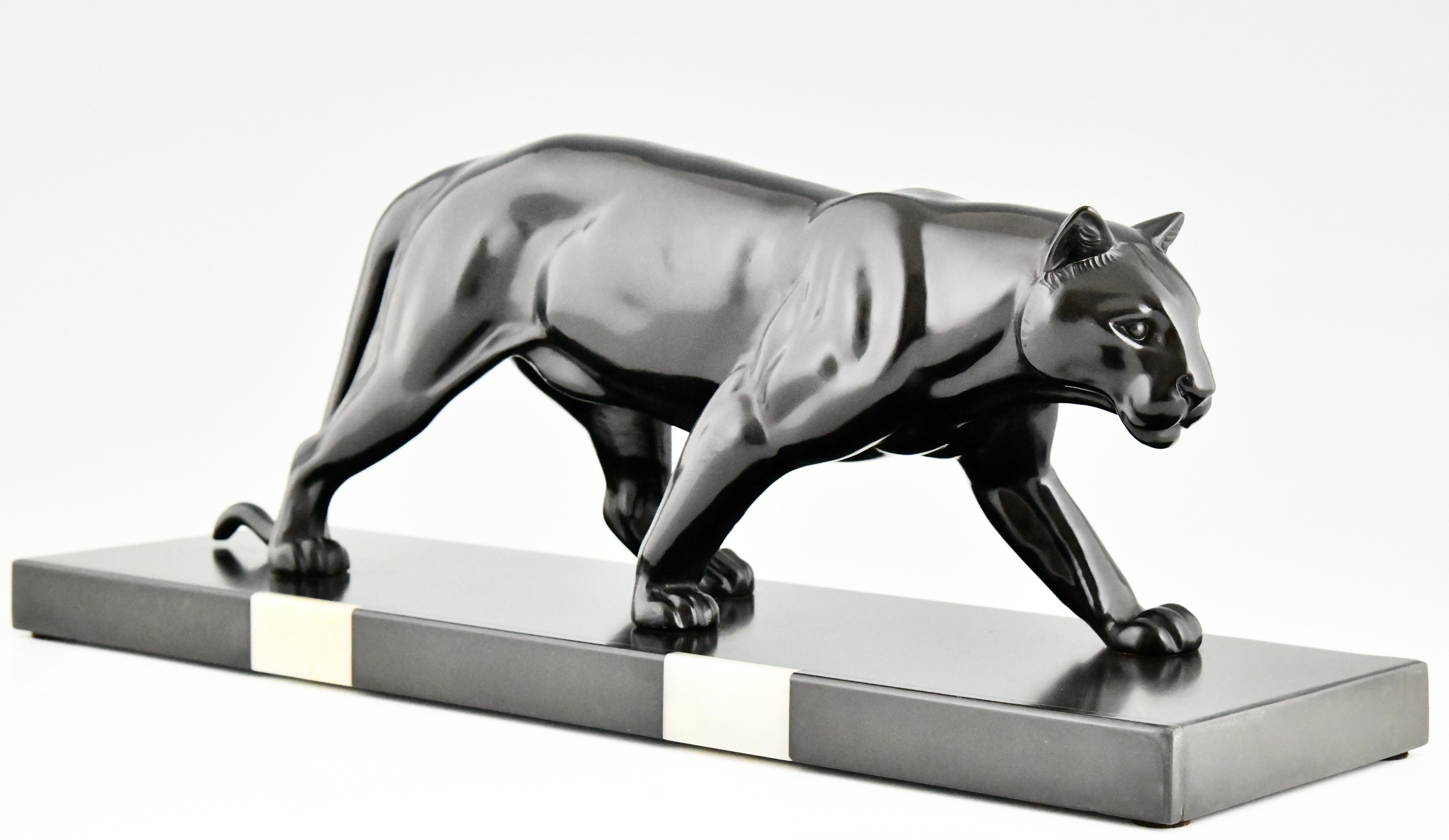 French Art Deco Sculpture of a Panther by M. Leducq on Marble Base, France 1930