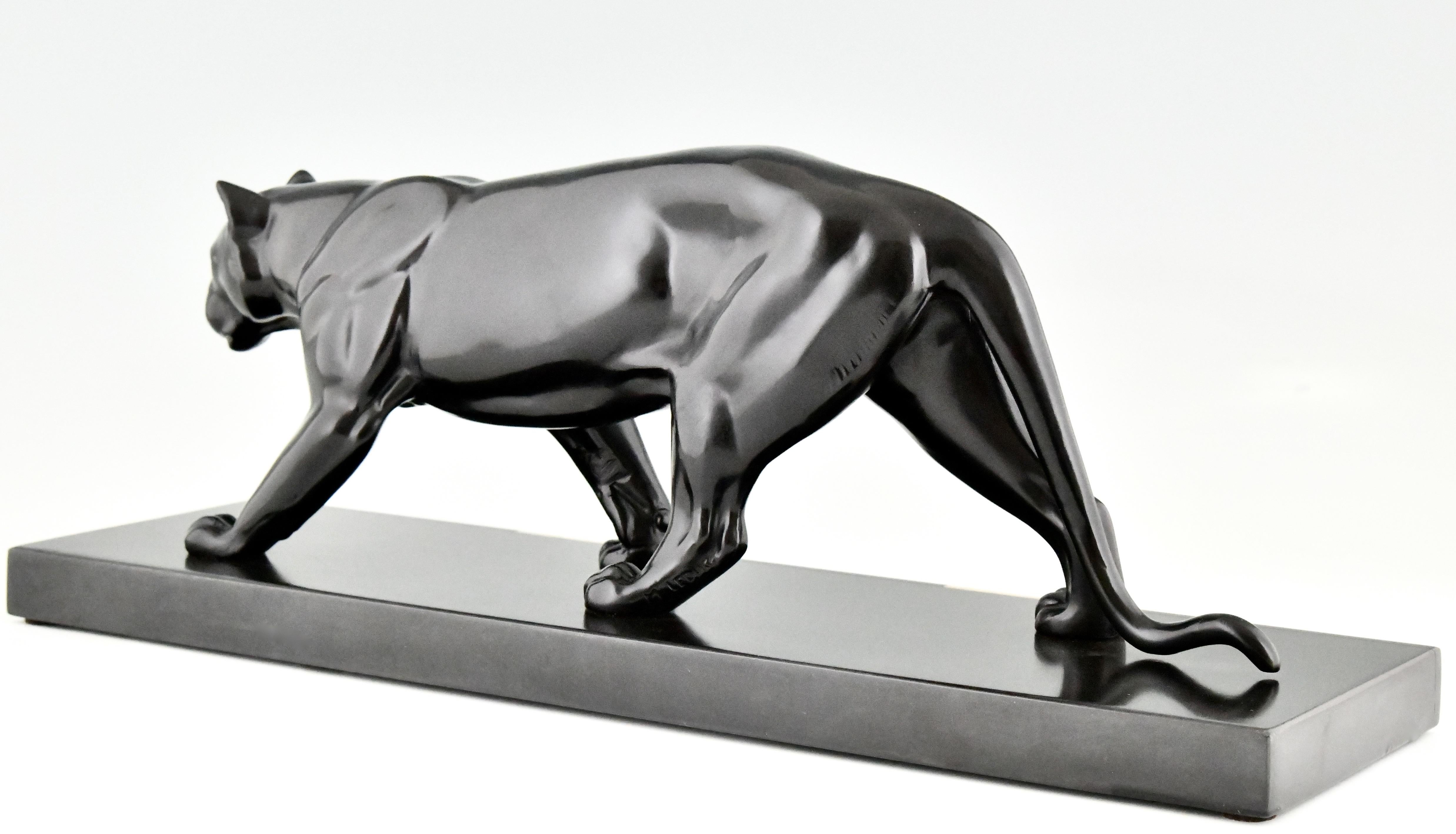 Metal Art Deco Sculpture of a Panther by M. Leducq on Marble Base, France 1930