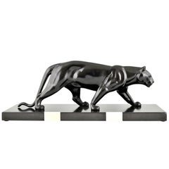 Art Deco Sculpture of a Panther by M. Leducq on Marble Base, France 1930