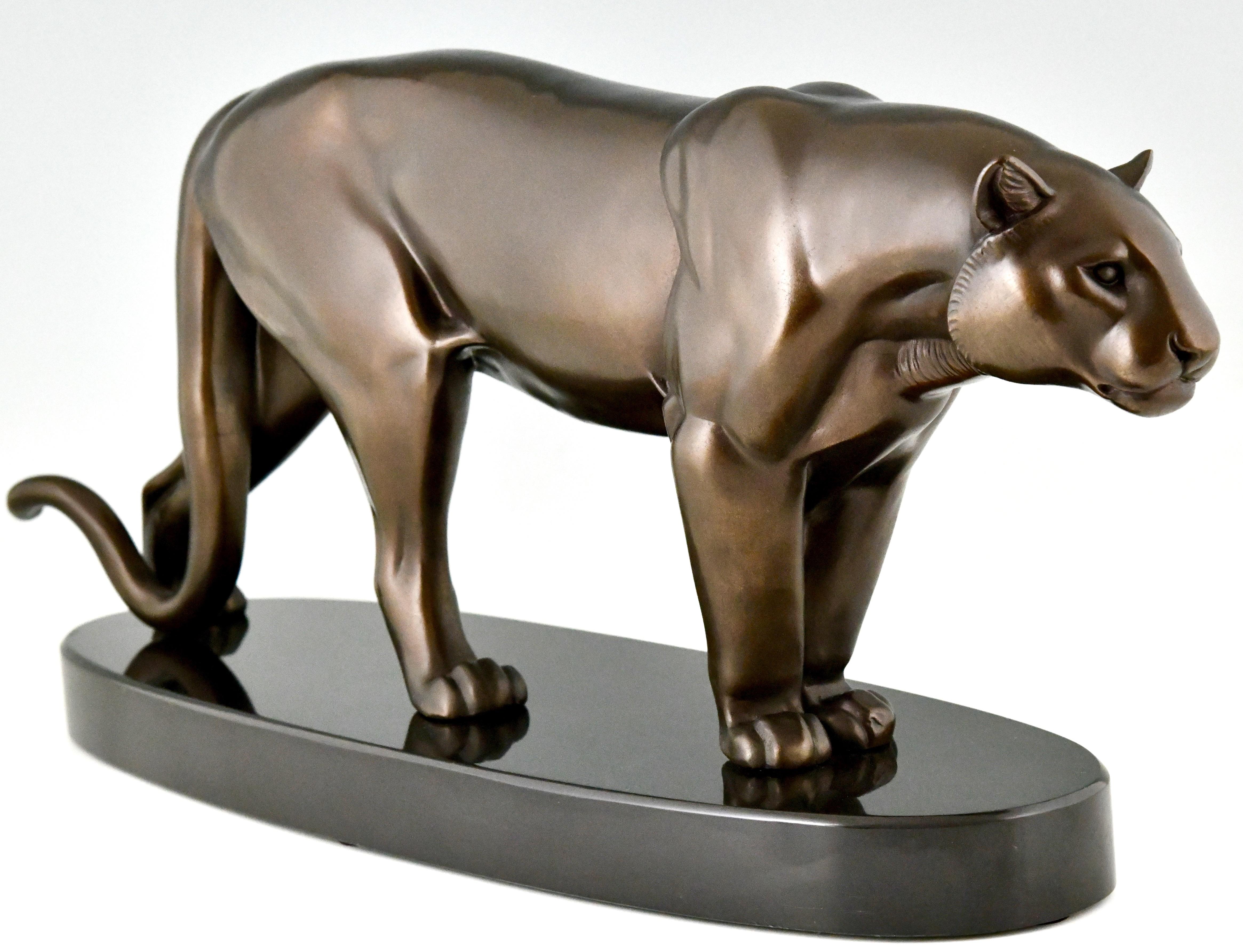 French Art Deco Sculpture of a Panther on Marble Base by Rulas France 1930