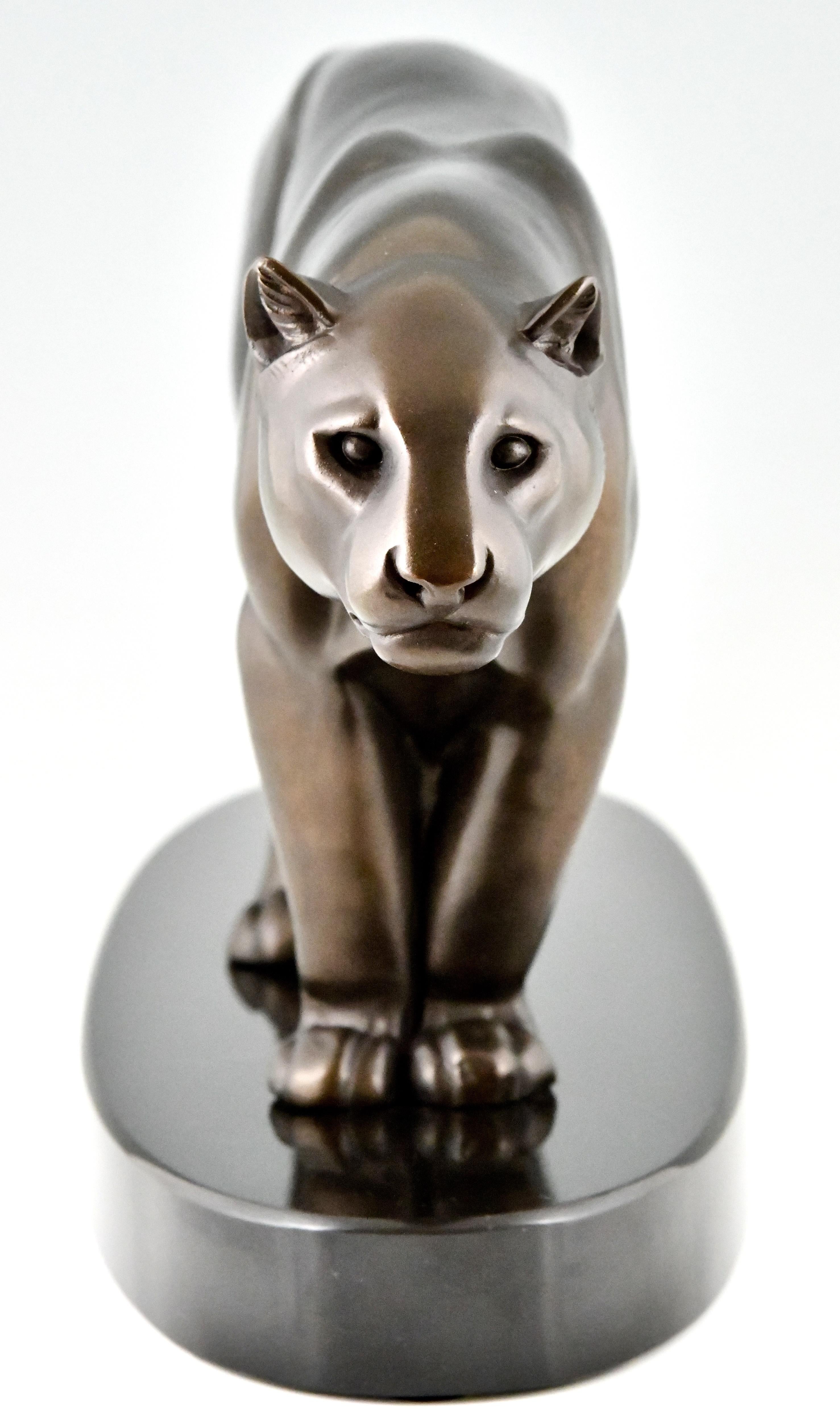 Patinated Art Deco Sculpture of a Panther on Marble Base by Rulas France 1930