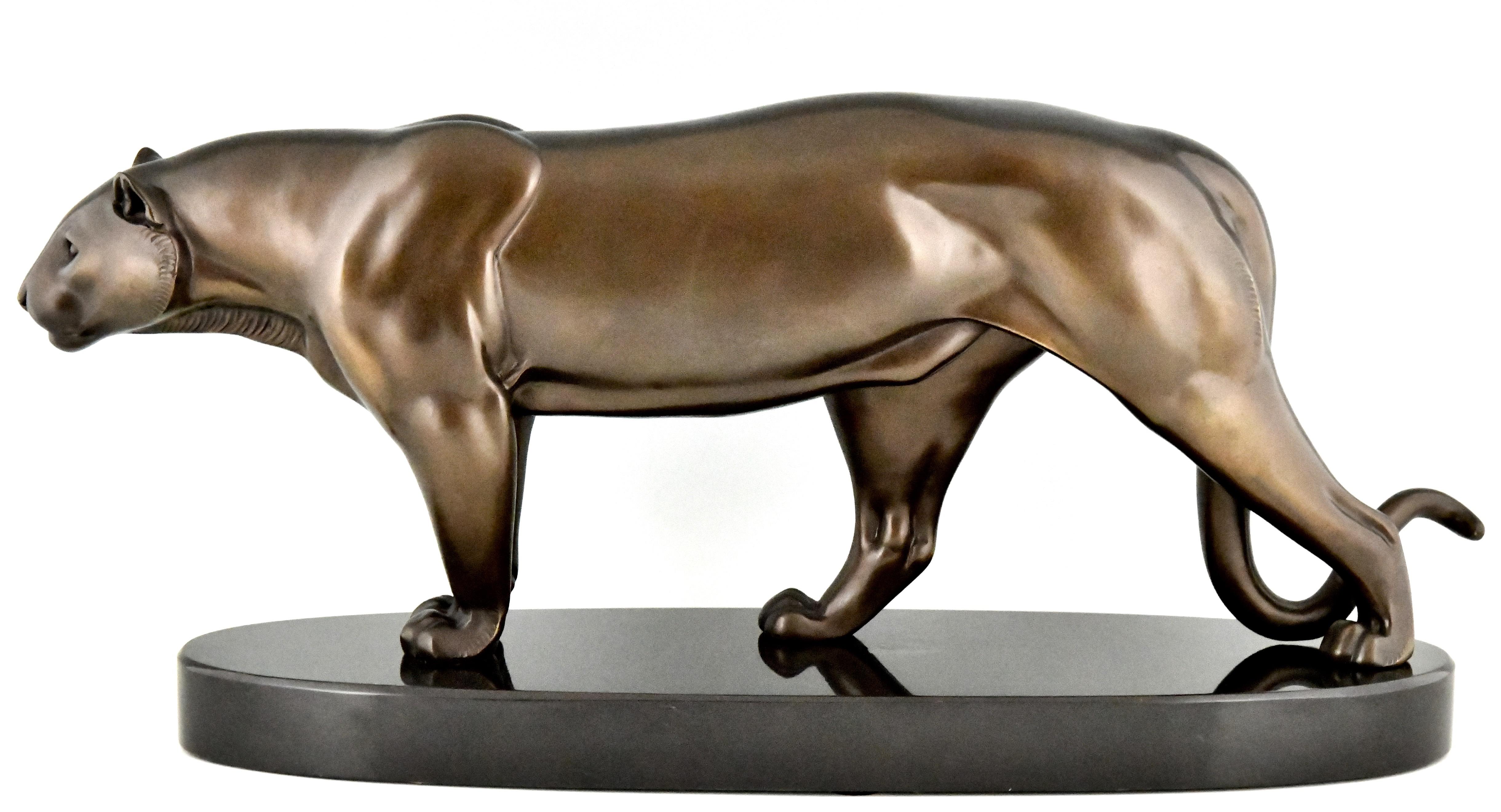 Mid-20th Century Art Deco Sculpture of a Panther on Marble Base by Rulas France 1930