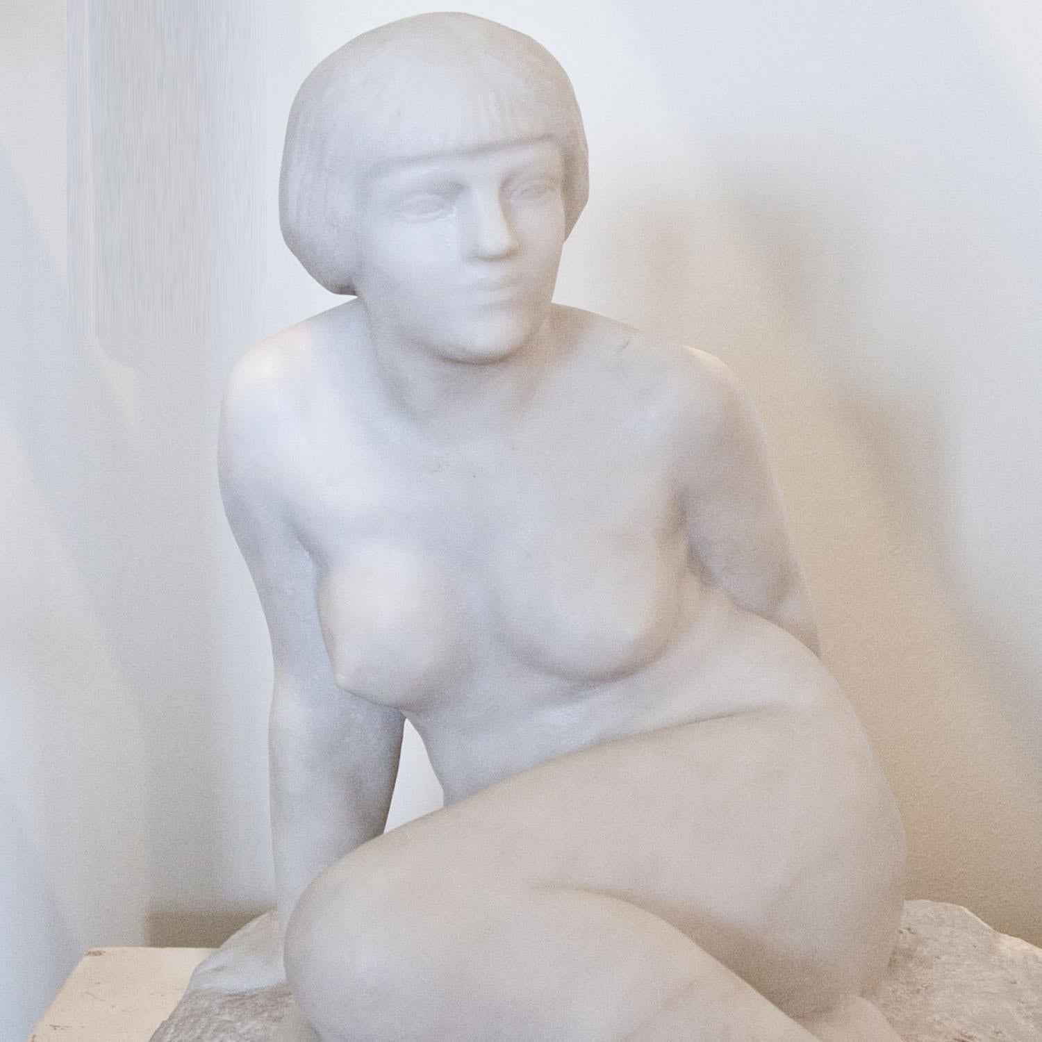 Hand-Carved Art Deco Sculpture of a Sitting Female, Sig Chauvet, France, 1920s