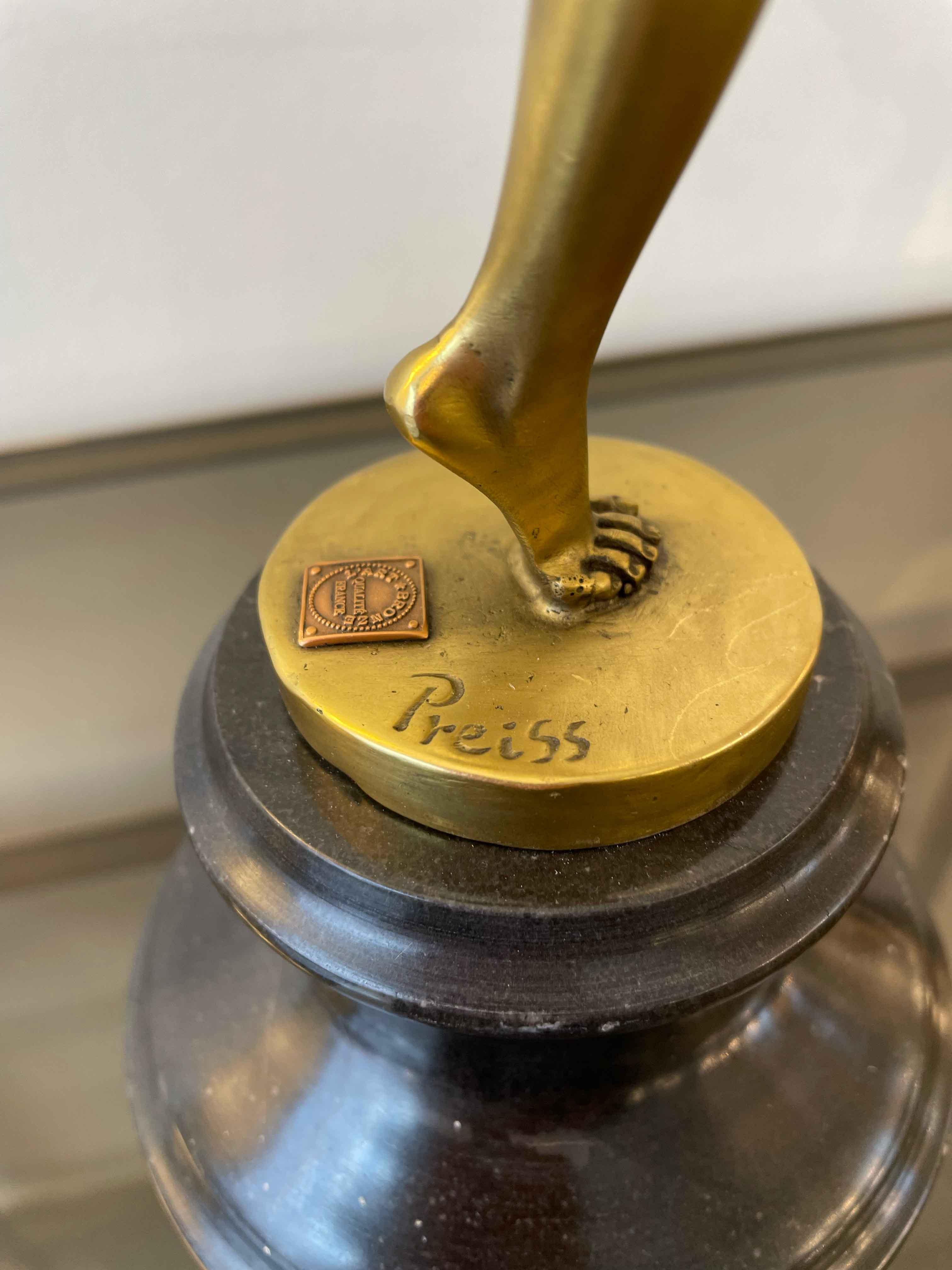 Art Deco Sculpture of Ballerina in Gilded Bronze Signed Preiss 1