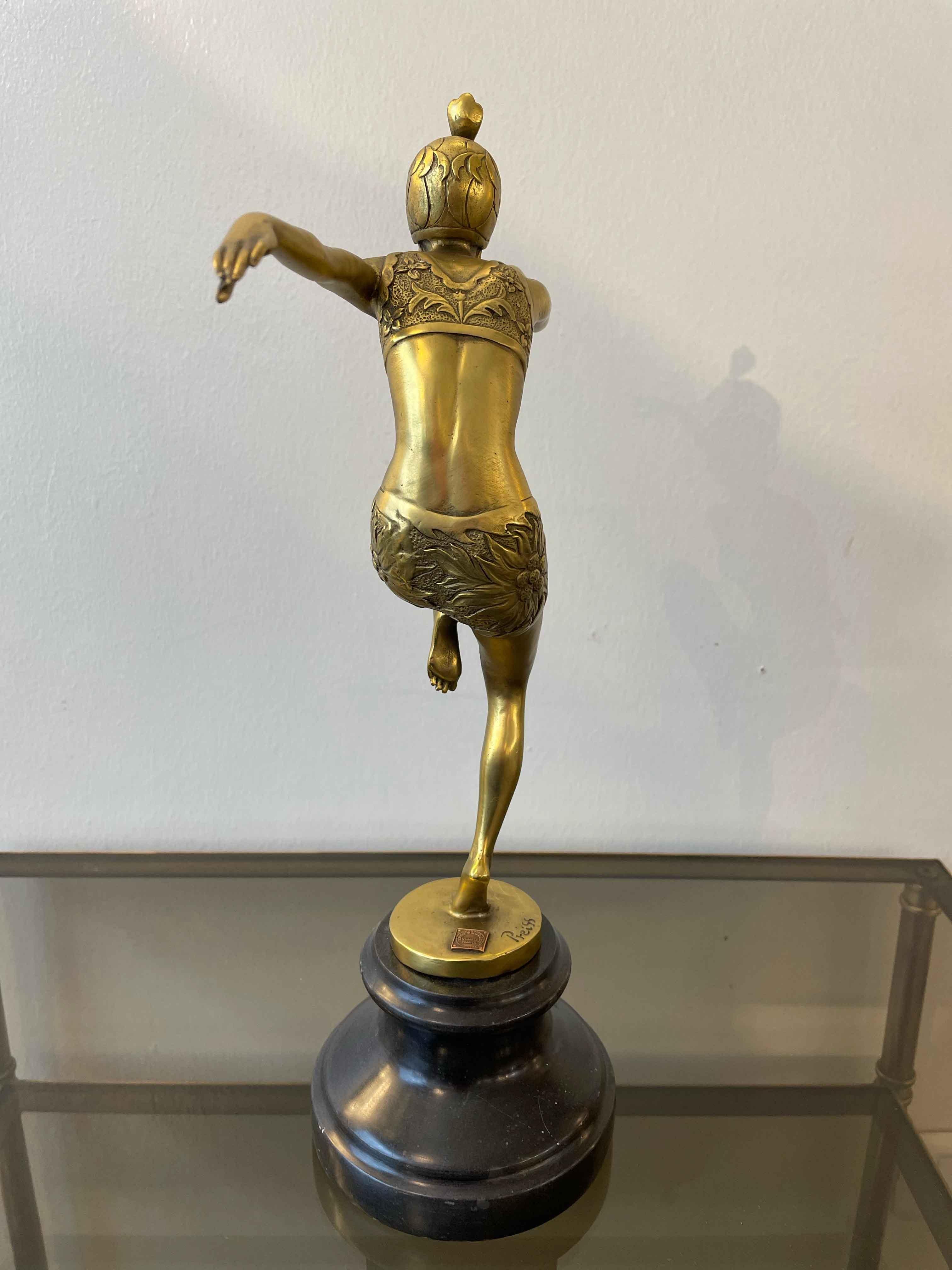 Art Deco Sculpture of Ballerina in Gilded Bronze Signed Preiss For Sale 2