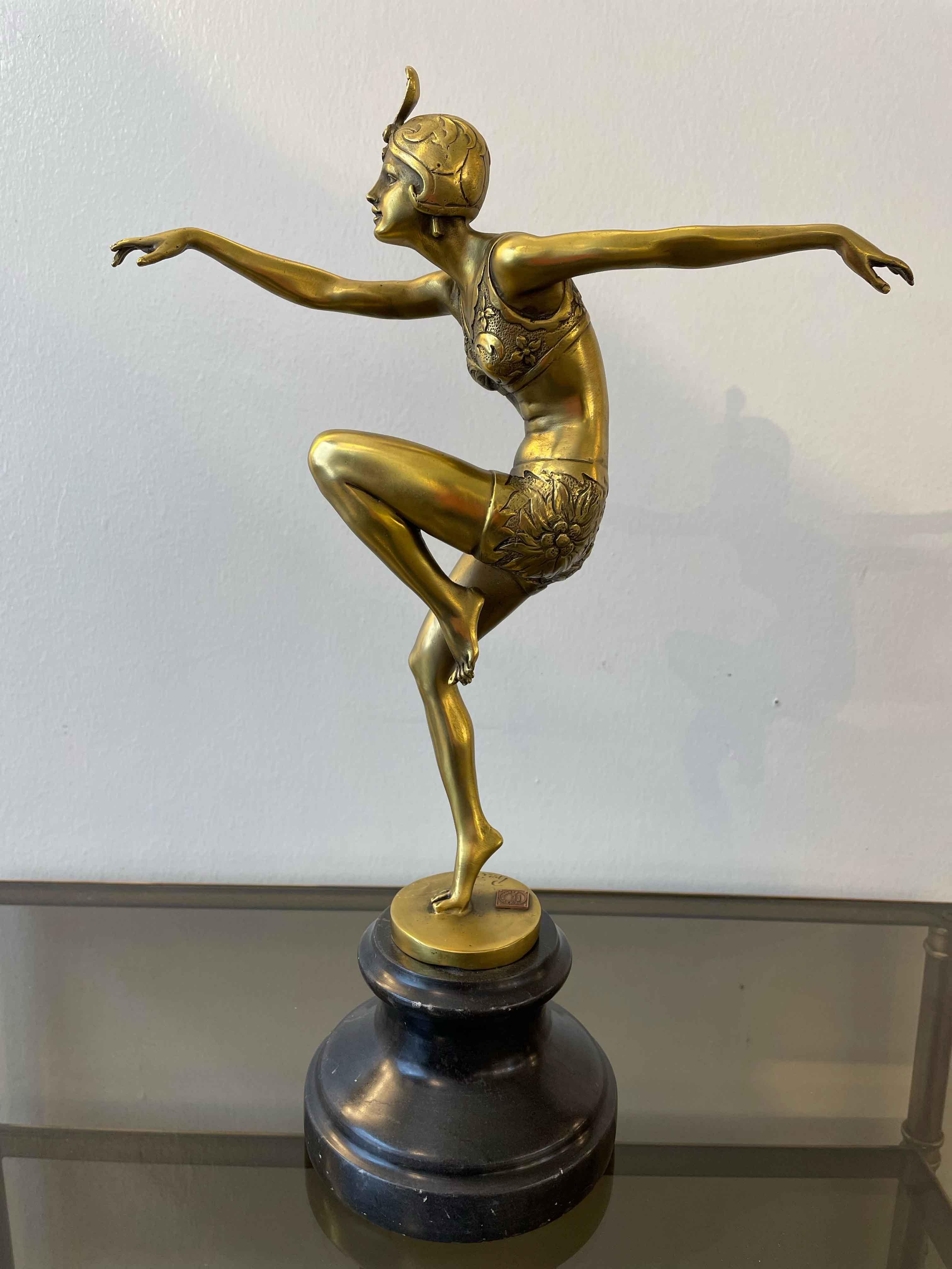 Art Deco Sculpture of Ballerina in Gilded Bronze Signed Preiss For Sale 4