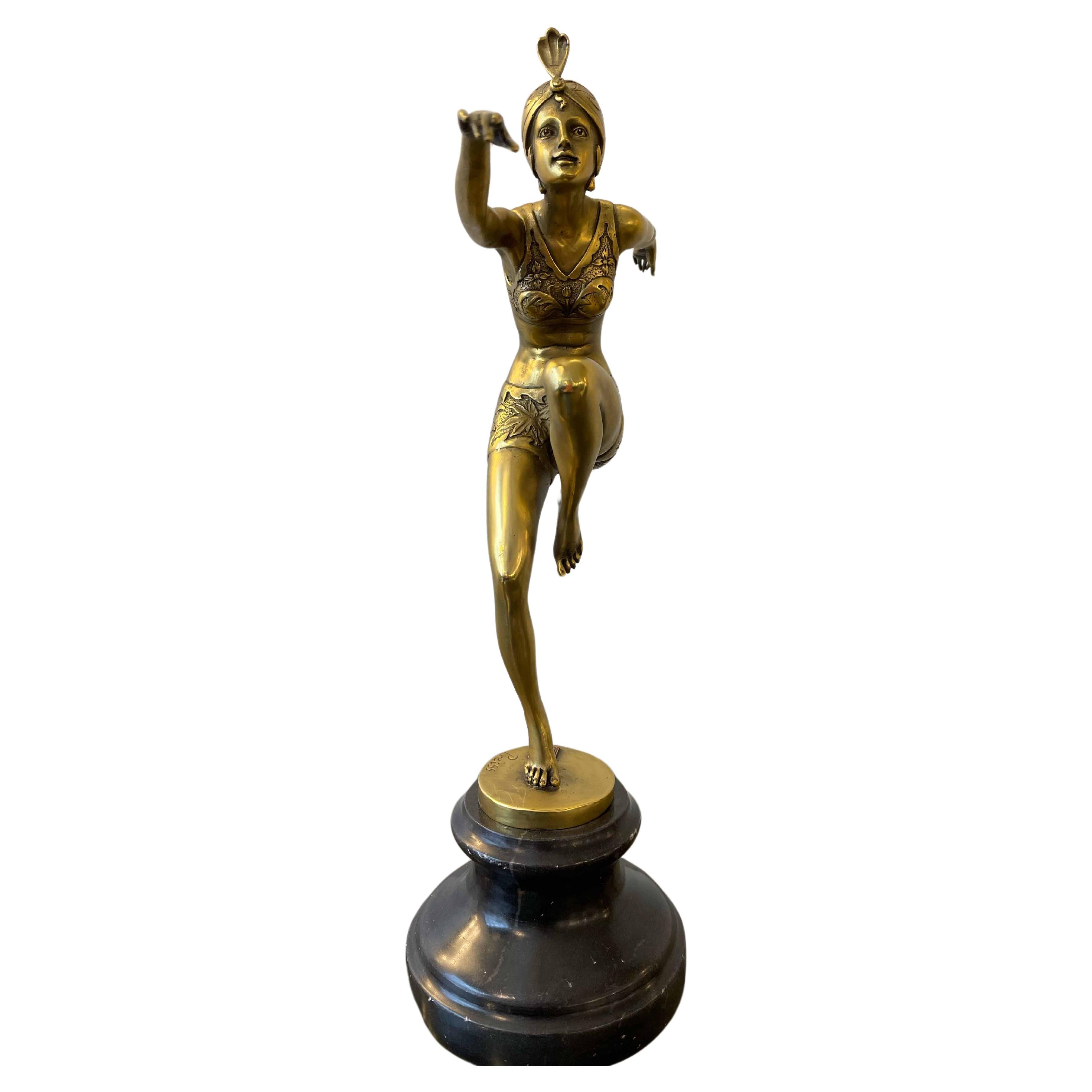 Art Deco Sculpture of Ballerina in Gilded Bronze Signed Preiss For Sale