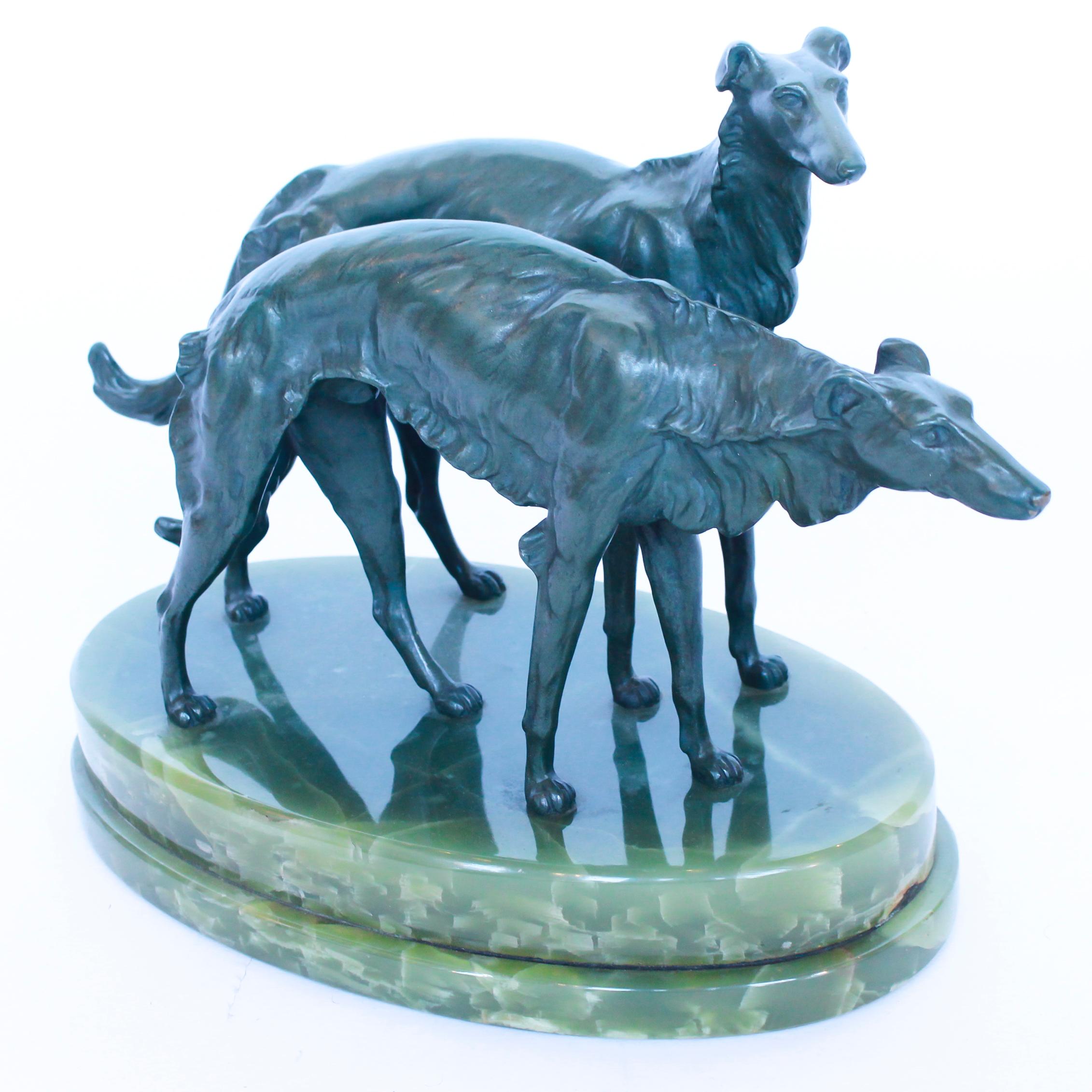 Cold-Painted Art Deco Sculpture of Borzoi Dogs on a Green Onyx Base French, Circa 1930