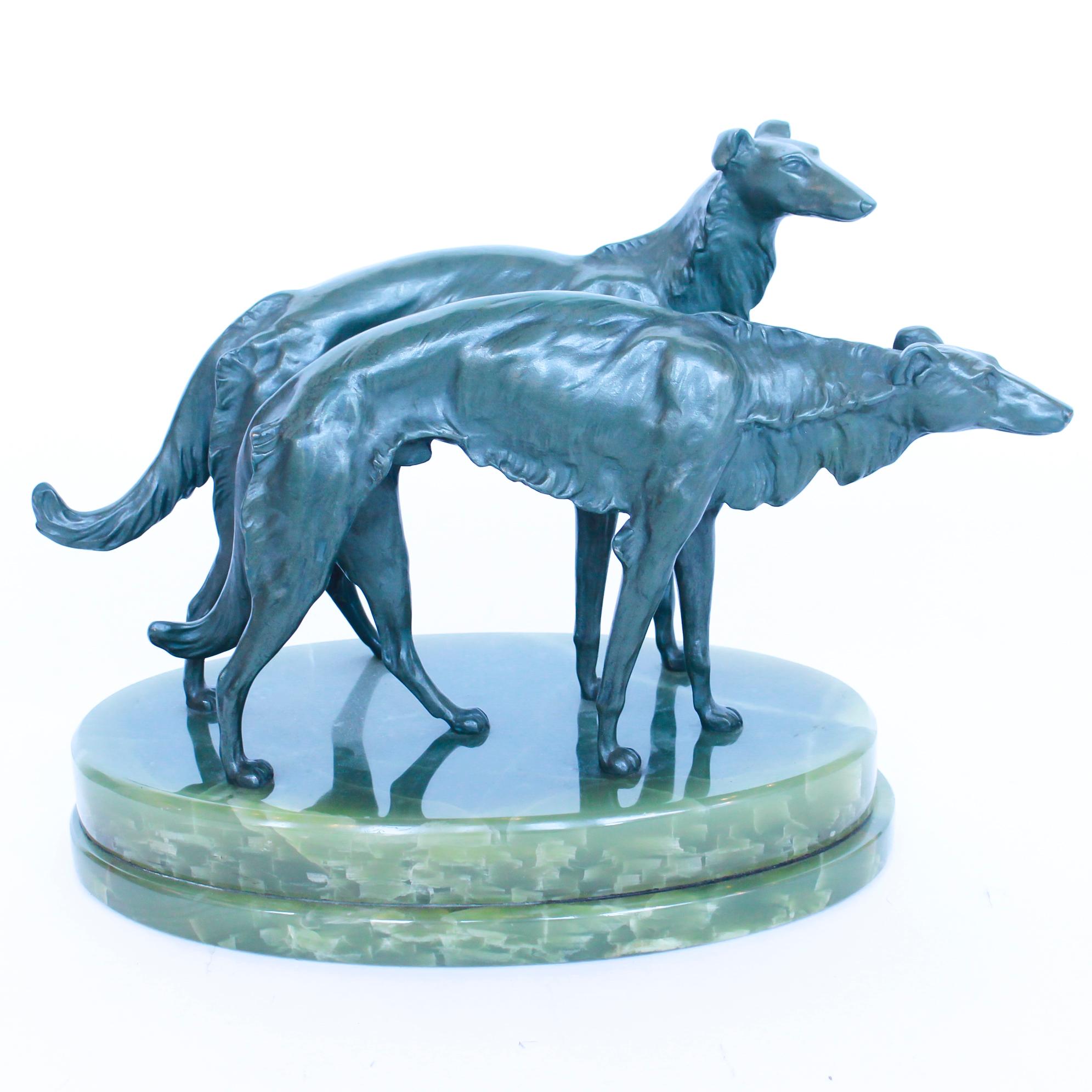 Art Deco Sculpture of Borzoi Dogs on a Green Onyx Base French, Circa 1930 In Good Condition In Forest Row, East Sussex