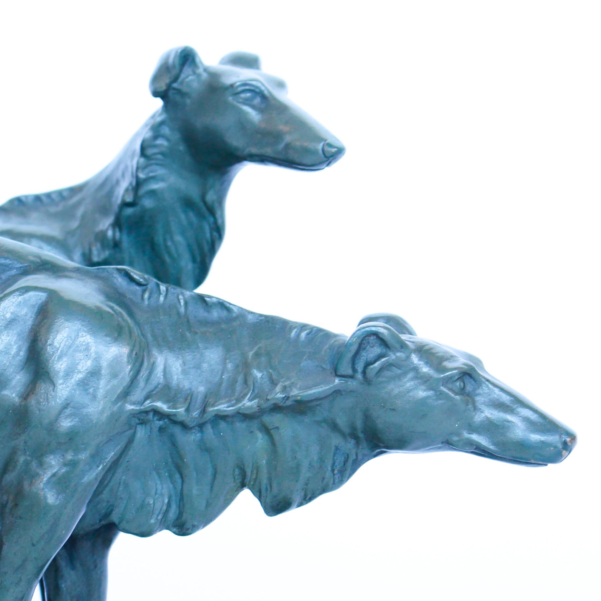 Mid-20th Century Art Deco Sculpture of Borzoi Dogs on a Green Onyx Base French, Circa 1930