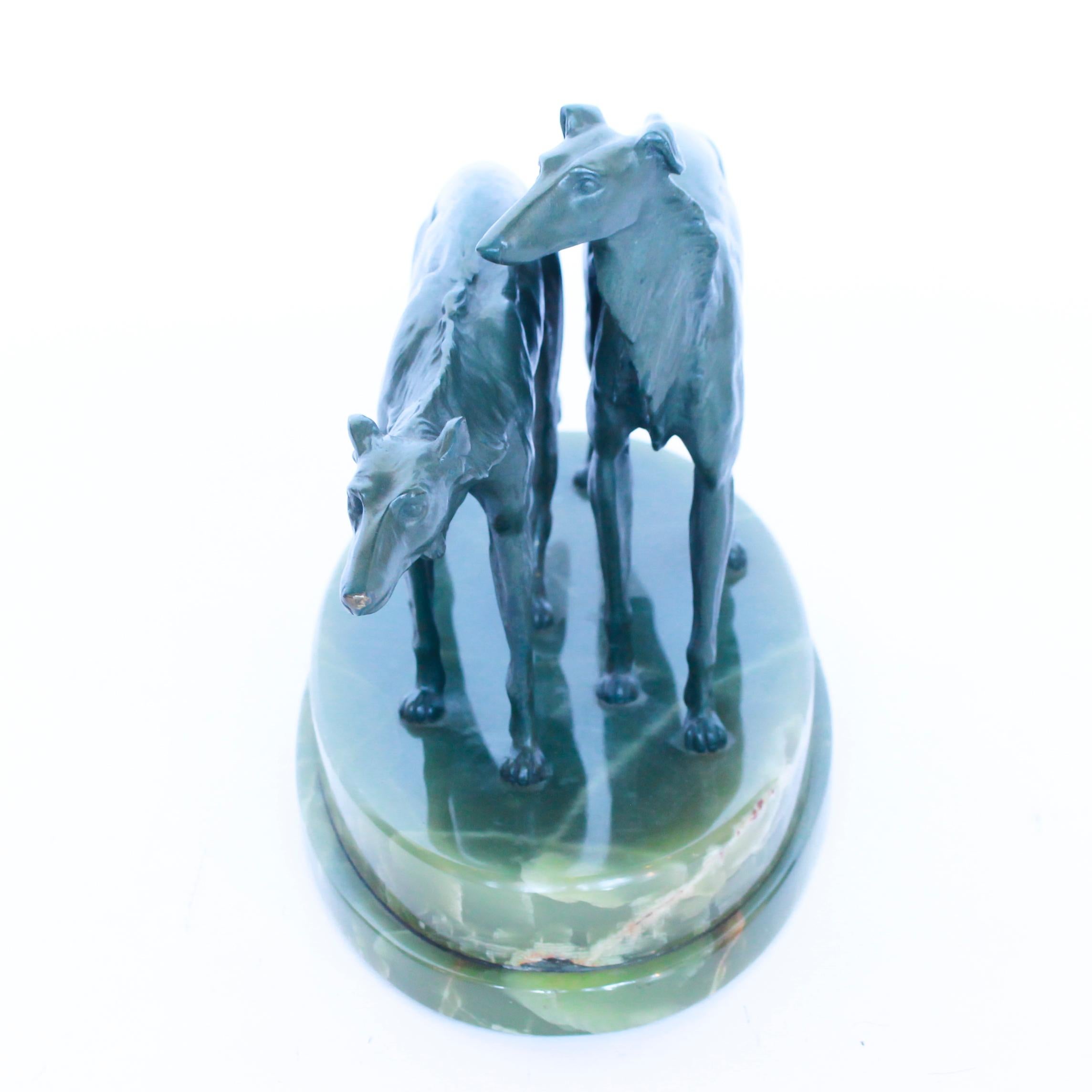 Bronze Art Deco Sculpture of Borzoi Dogs on a Green Onyx Base French, Circa 1930