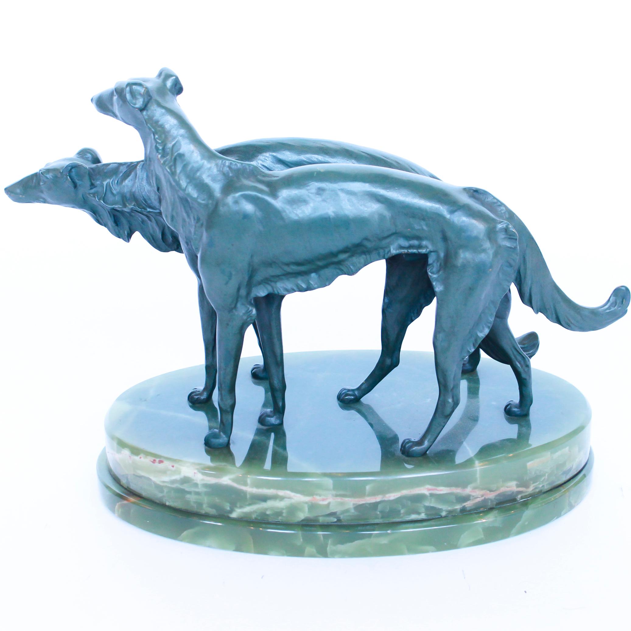 Art Deco Sculpture of Borzoi Dogs on a Green Onyx Base French, Circa 1930 1