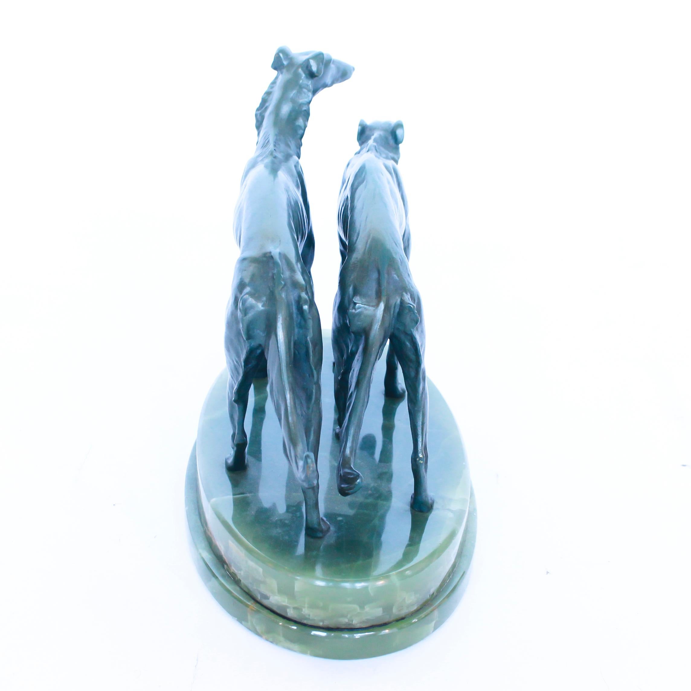 Art Deco Sculpture of Borzoi Dogs on a Green Onyx Base French, Circa 1930 2