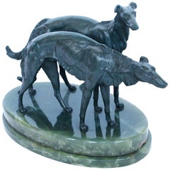 Art Deco Sculpture of Borzoi Dogs on a Green Onyx Base French, Circa 1930